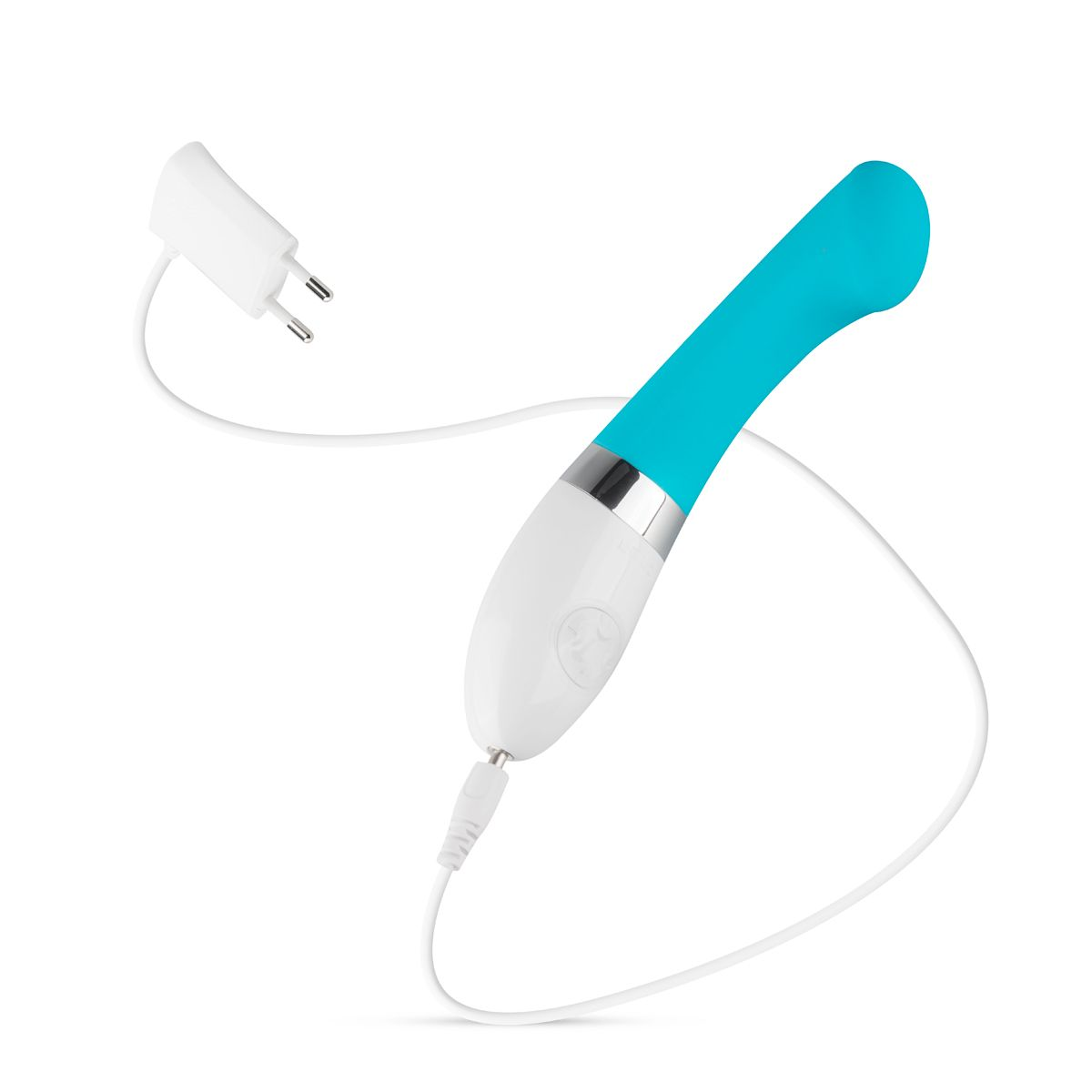 Niebiesko-biały wibrator z kablem i wtyczką do ładowania na białym tle.