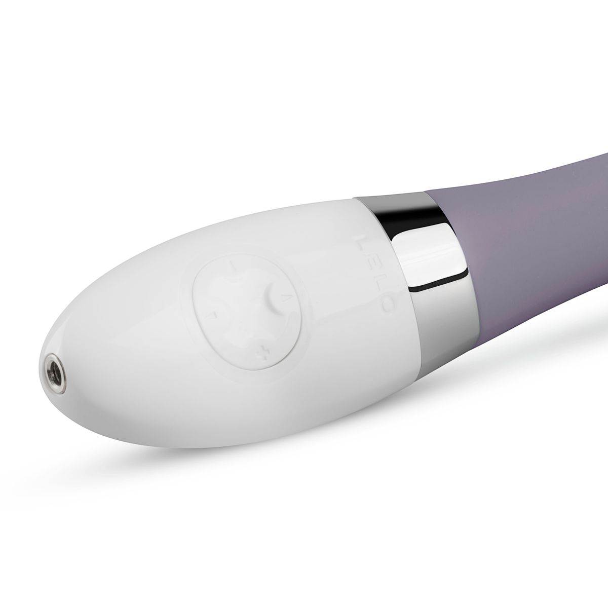 Zbliżenie białego i fioletowego wibratora z przyciskami sterowania.