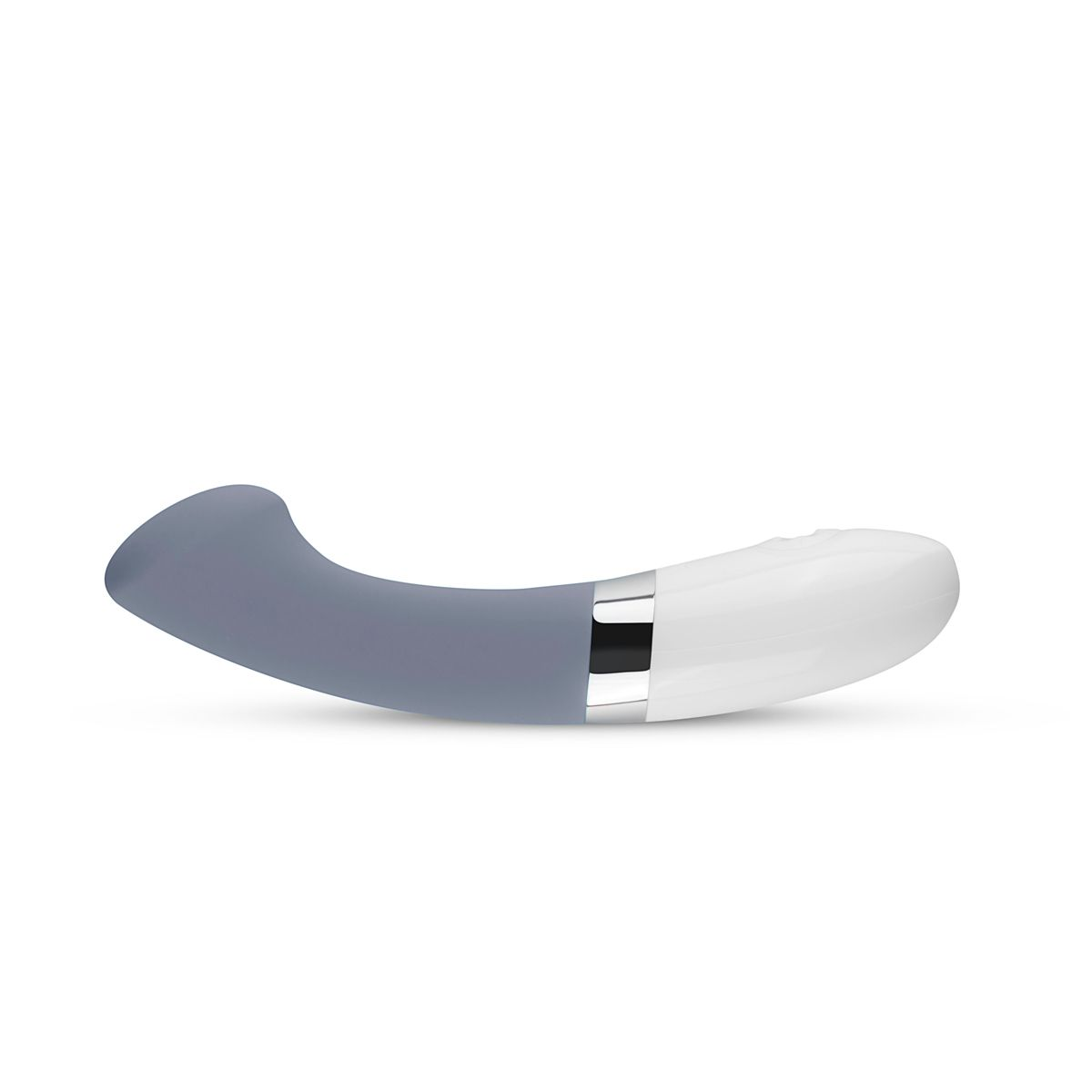 Zakrzywiona, szaro-biała zabawka erotyczna, ze srebrną opaską pośrodku.