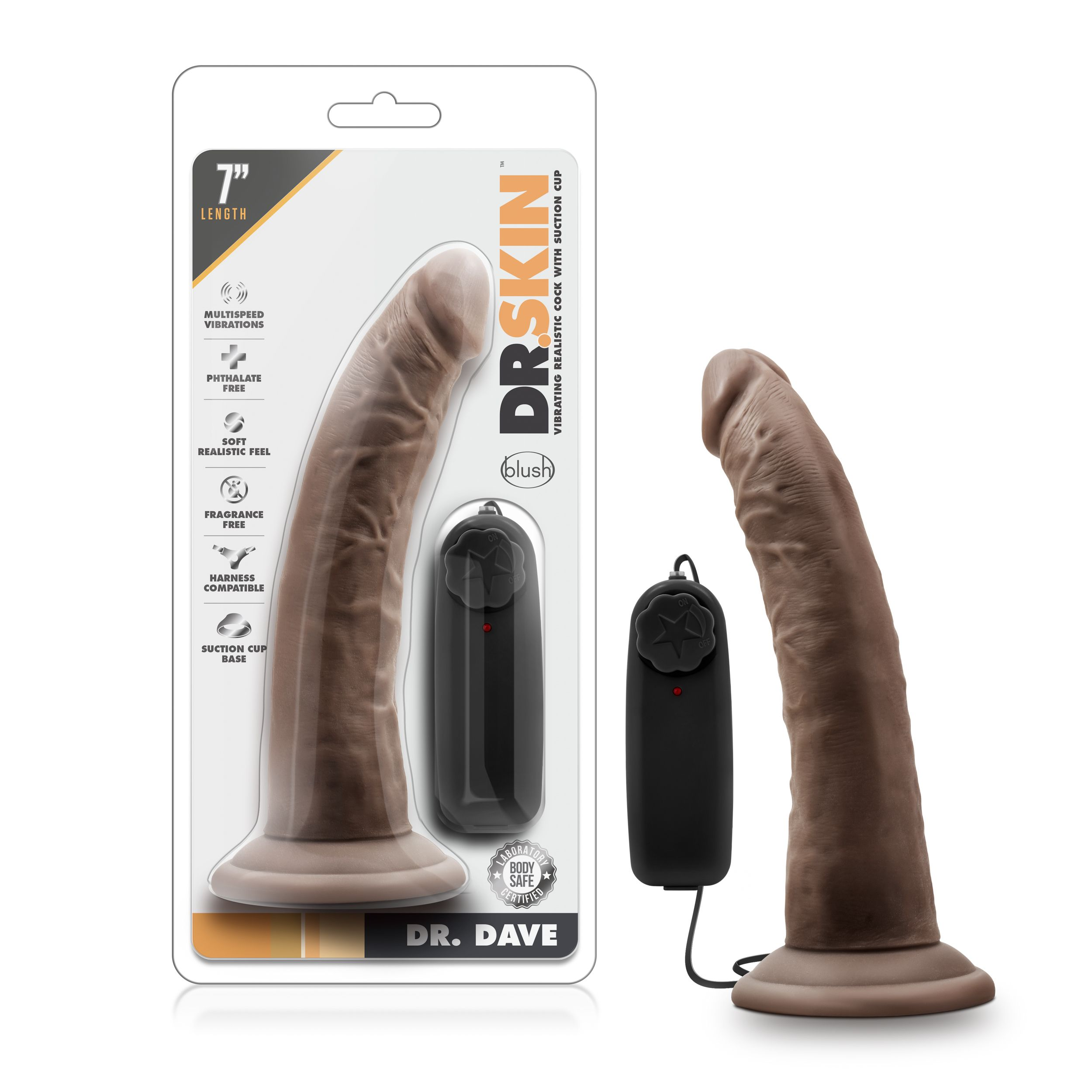 Brauner realistischer Dildo mit Saugnapffuß und schwarzer Fernbedienung, in und außerhalb der Verpackung.
