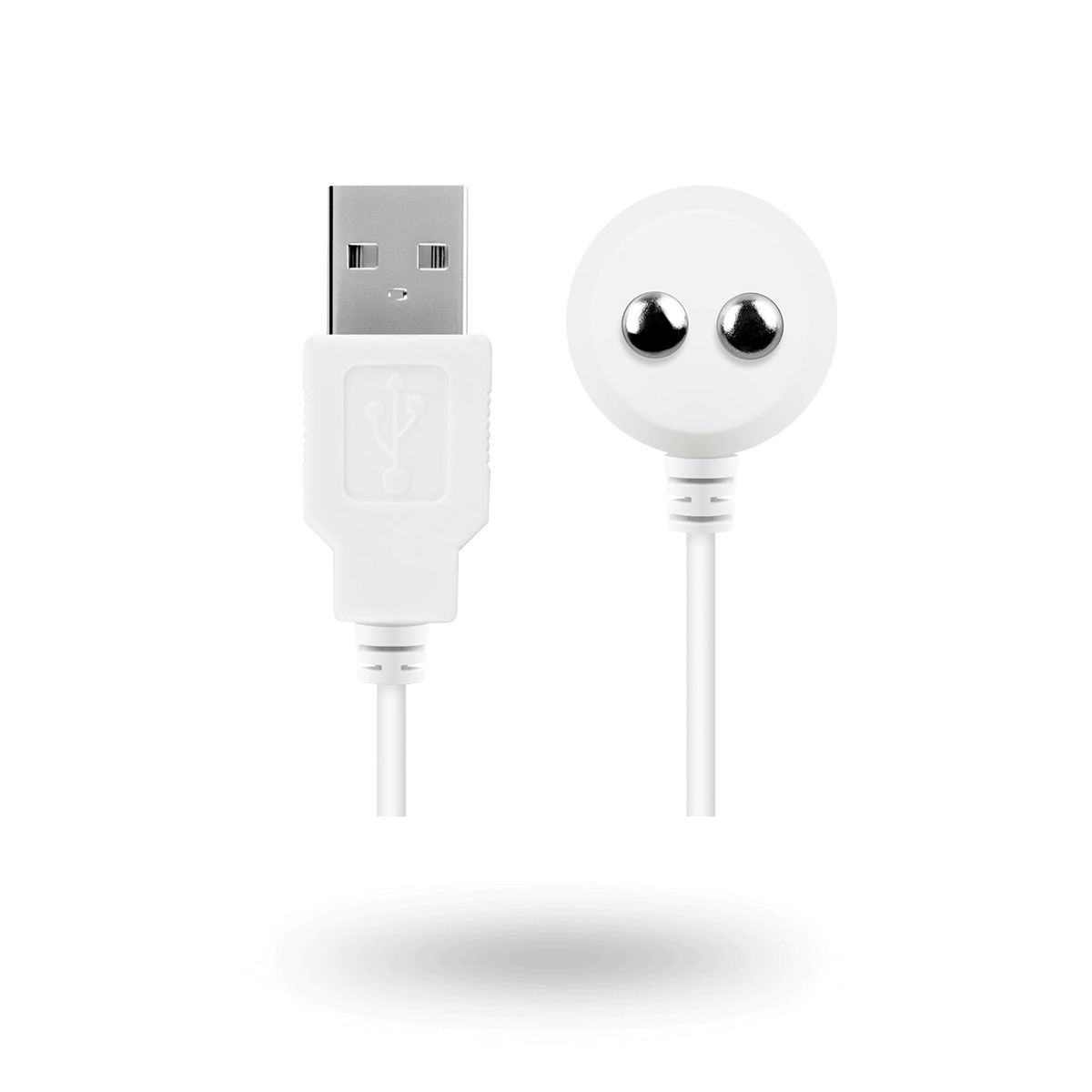 Biały kabel ładujący USB z okrągłym końcem ładującym. Koniec ma dwa srebrne punkty.