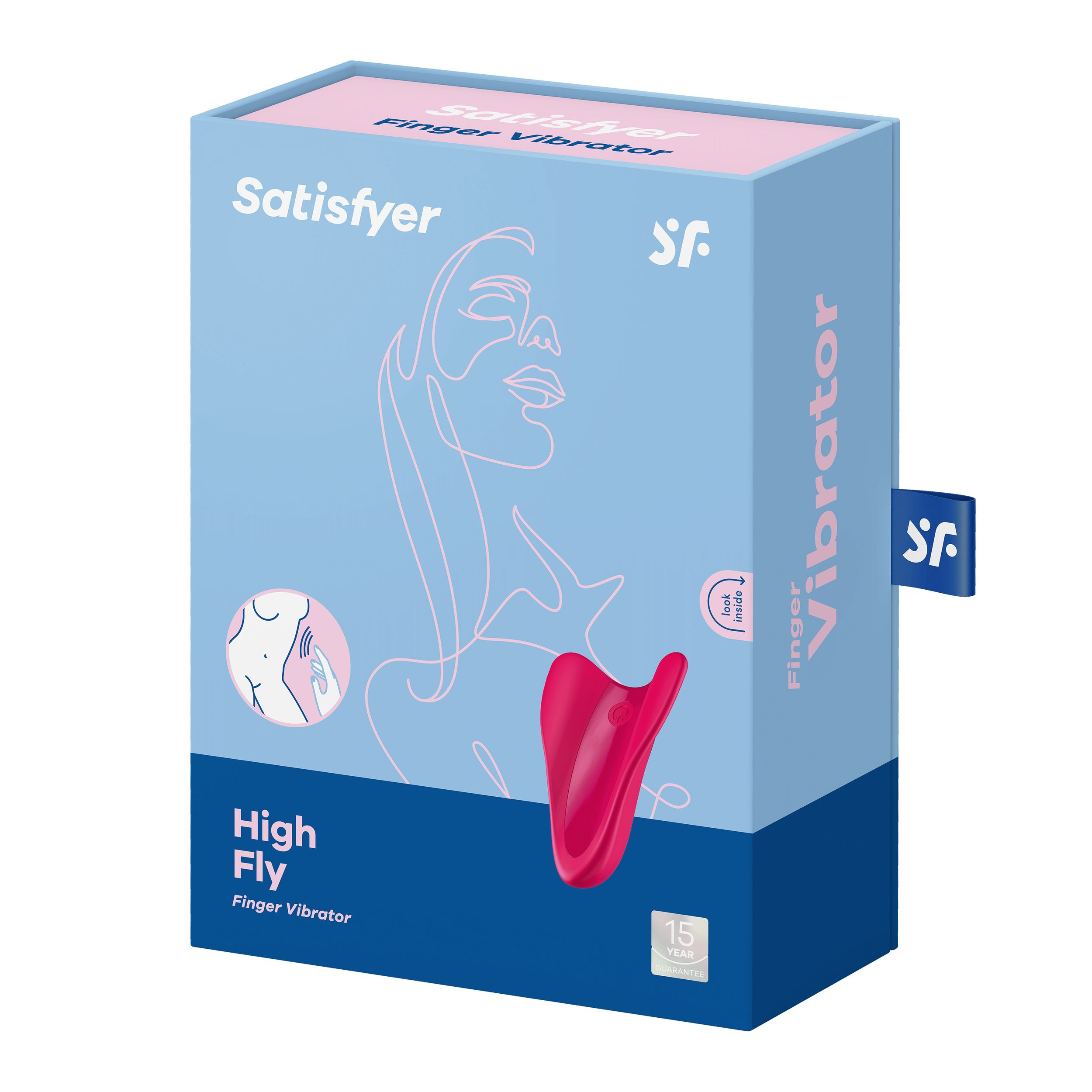 Pudełko z różowym wibratorem palcowym, marka Satisfyer. Widoczne słowa 'High Fly' i 'Finger Vibrator'.