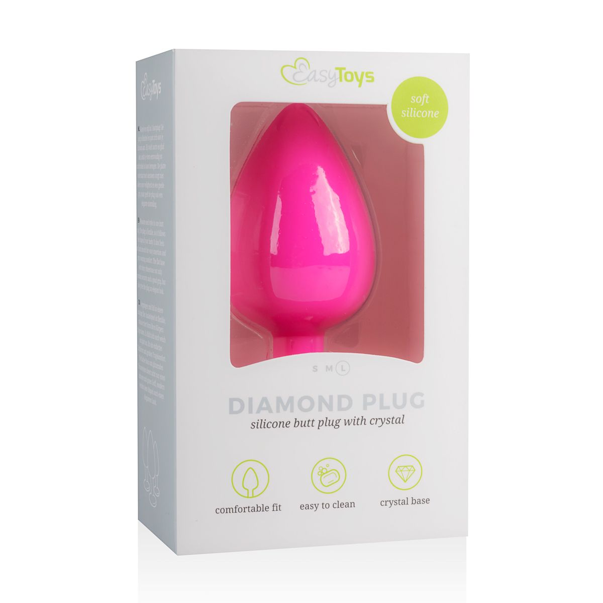 Ein pinkfarbener Silikon-Buttplug in einer weißen Box. Die Box enthält Text und Symbole, die Eigenschaften wie angenehme Passform und einfache Reinigung anzeigen.