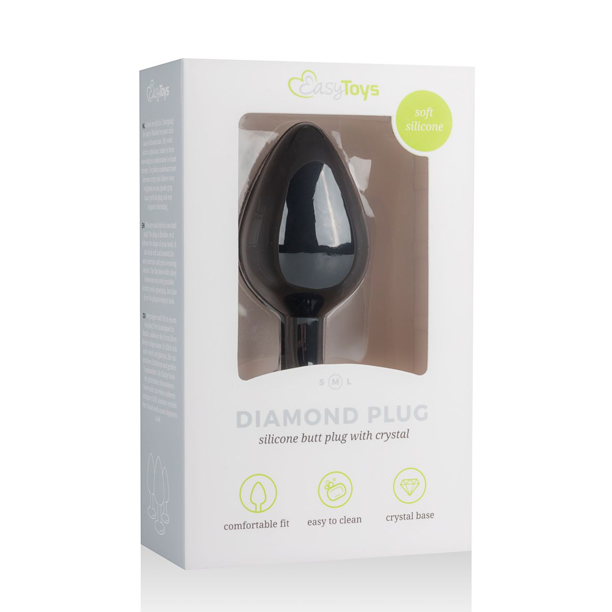 Ein schwarzer Silikon-Butt-Plug in einer weißen Box. Auf der Box stehen das Logo 'EasyToys' und Texte wie 'Diamond Plug' und 'crystal base'.