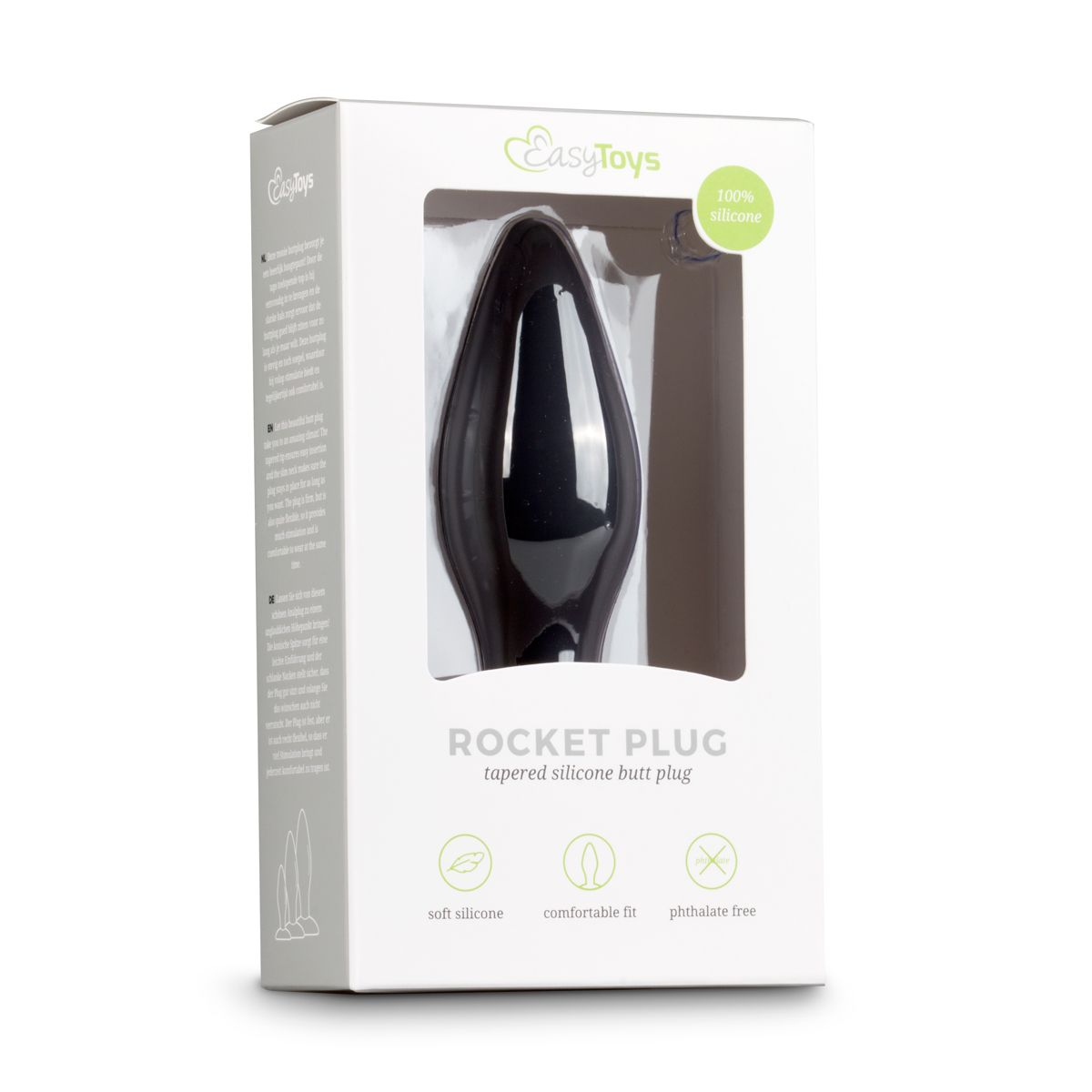 Ein schwarzer, konisch zulaufender Silikon-Butt-Plug in einer weißen Schachtel mit dem Branding 'EasyToys' und dem Text 'Rocket Plug'.