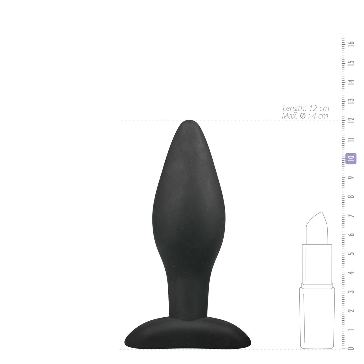 Ein schwarzer Analplug steht neben einem Lippenstift und einem Lineal. Der Plug ist 12 cm lang und 4 cm im Durchmesser.