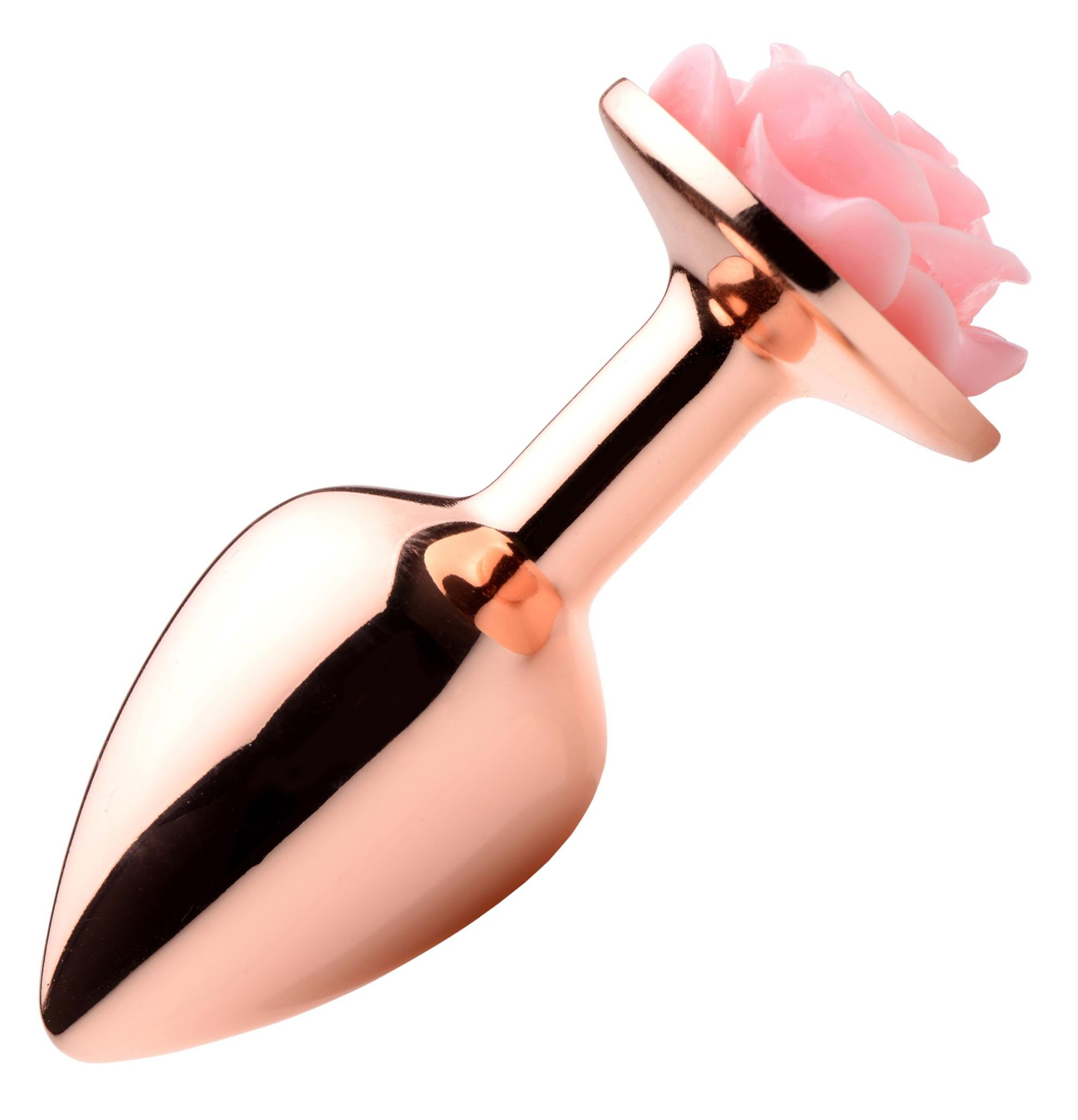 Ein metallischer, rosafarbener Analplug in Roségold. Die Rose ist rosa und am Kopf des Stöpsels befestigt.