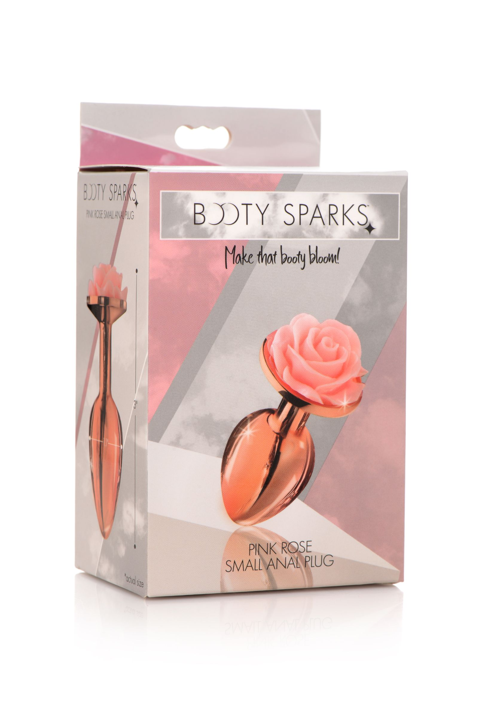 Schachtel mit "Booty Sparks" rosa Anus-Plug. Auf der Schachtel ist ein Bild des Produkts. Text auf der Schachtel: "Make that booty bloom!"