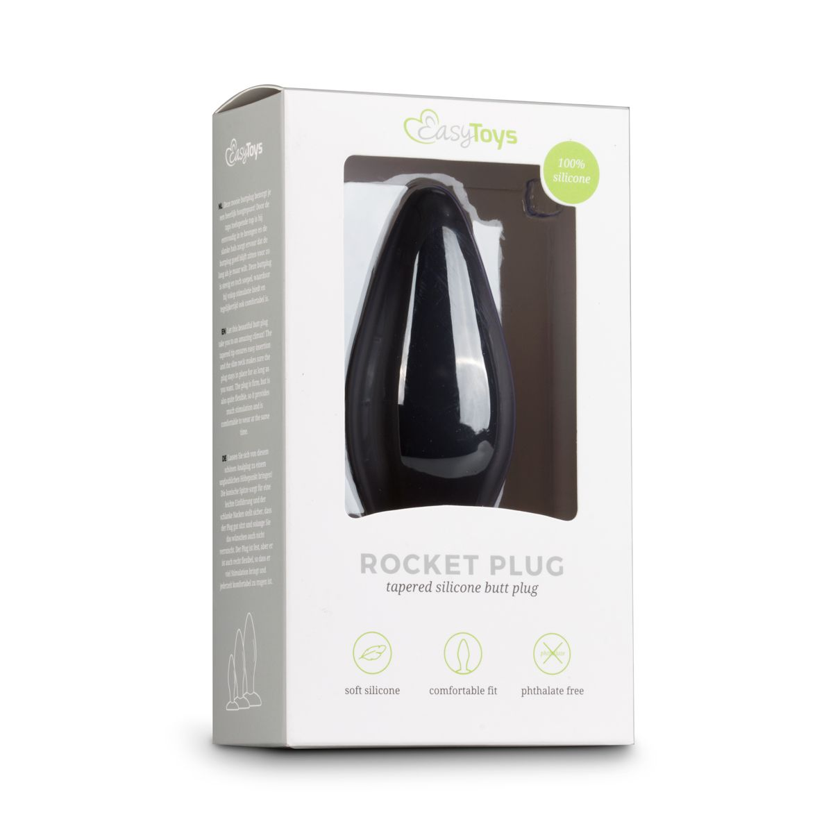 Ein schwarzer, konischer Silikon-Butt-Plug in einer weißen Box. Die Box hat Text und Symbole.