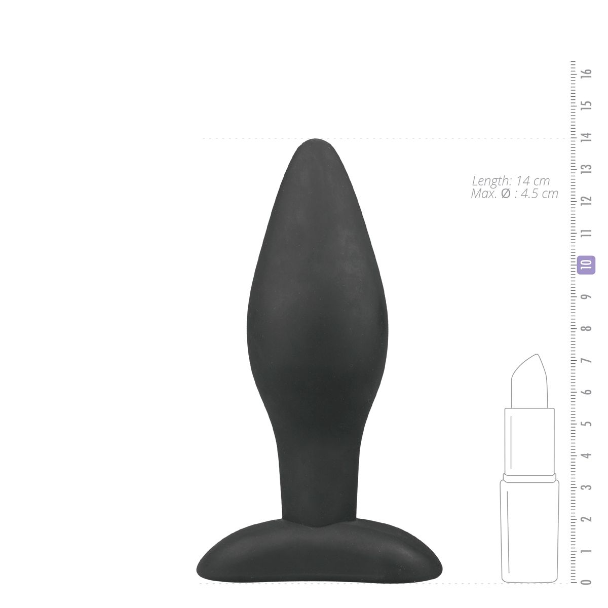 Ein schwarzes, tropfenförmiges Sexspielzeug wird neben einem Lineal und einem Lippenstift zur Veranschaulichung gezeigt.