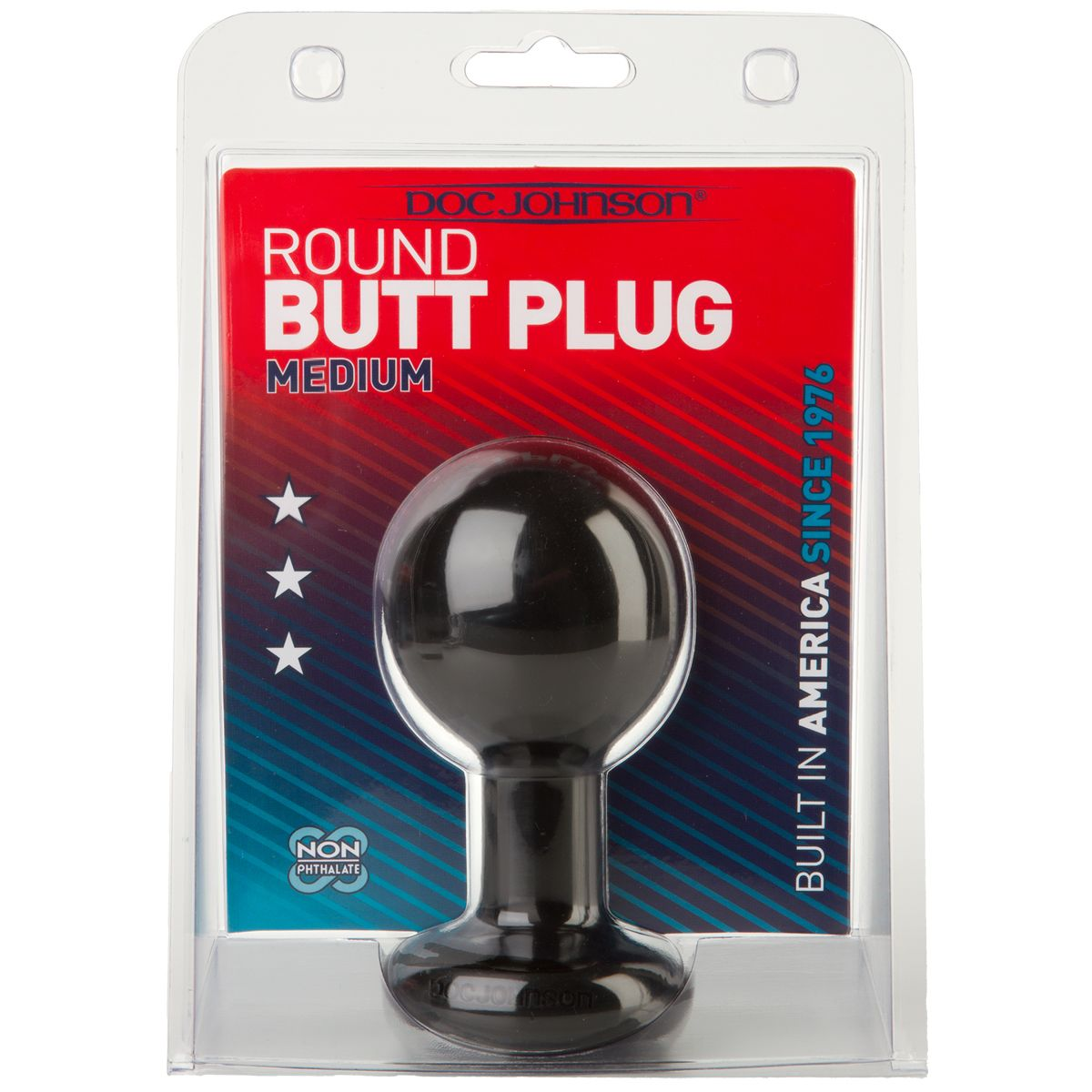 Schwarzer Anus-Plug in Kunststoffverpackung. Die Verpackung hat rote und blaue Streifen mit der Aufschrift "ROUND BUTT PLUG".