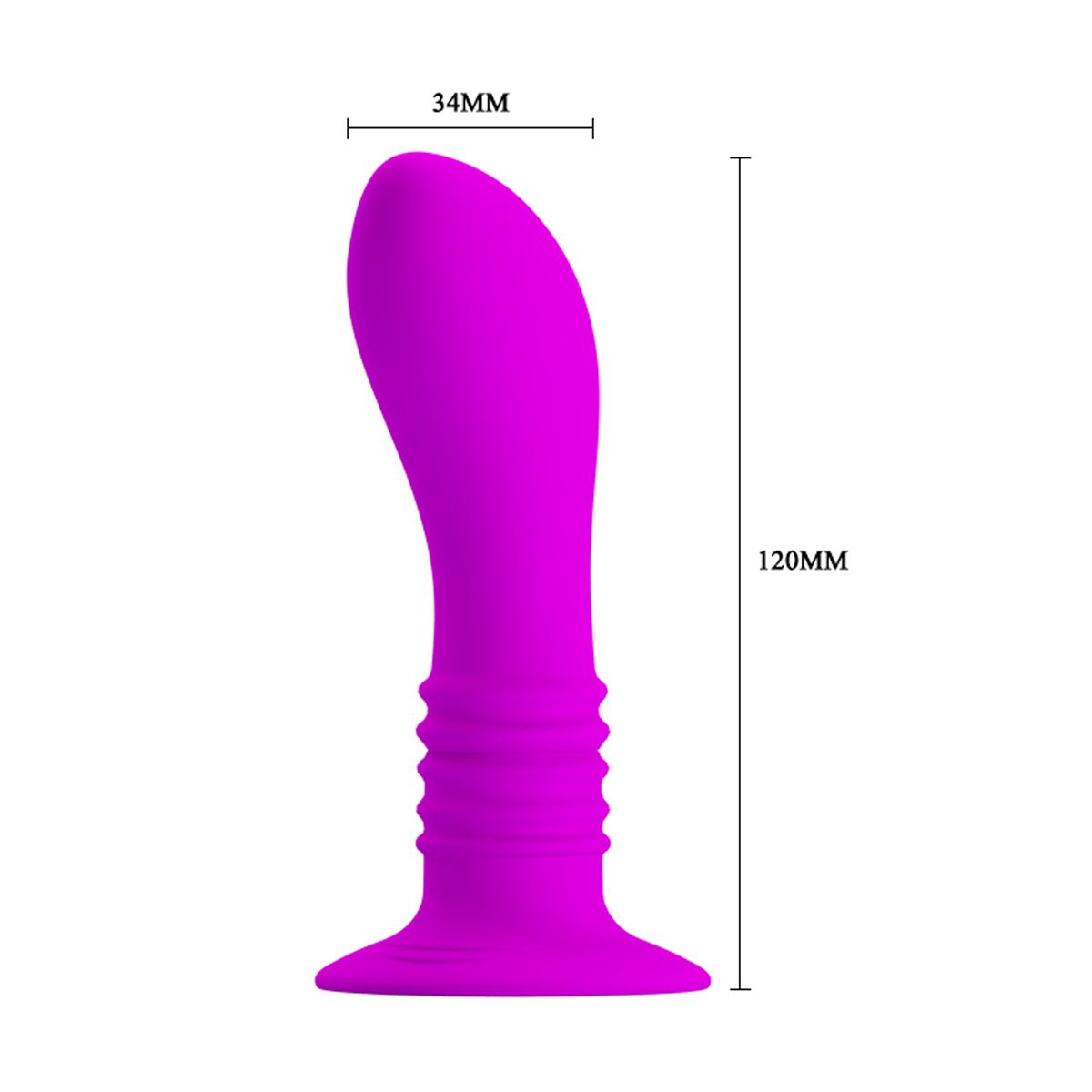 Ein lila Sexspielzeug mit gebogener Form, abgerundeter Spitze und strukturierter Basis. Es ist 120 mm lang und 34 mm breit. Weißer Hintergrund.