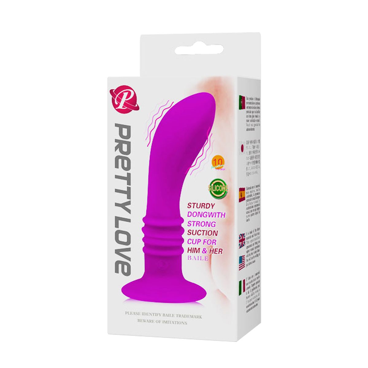 Ein lila Sexspielzeug wird in seiner Box gezeigt. Die Box ist weiß, mit Text und einem Logo. Das Produkt ist für ihn und sie.