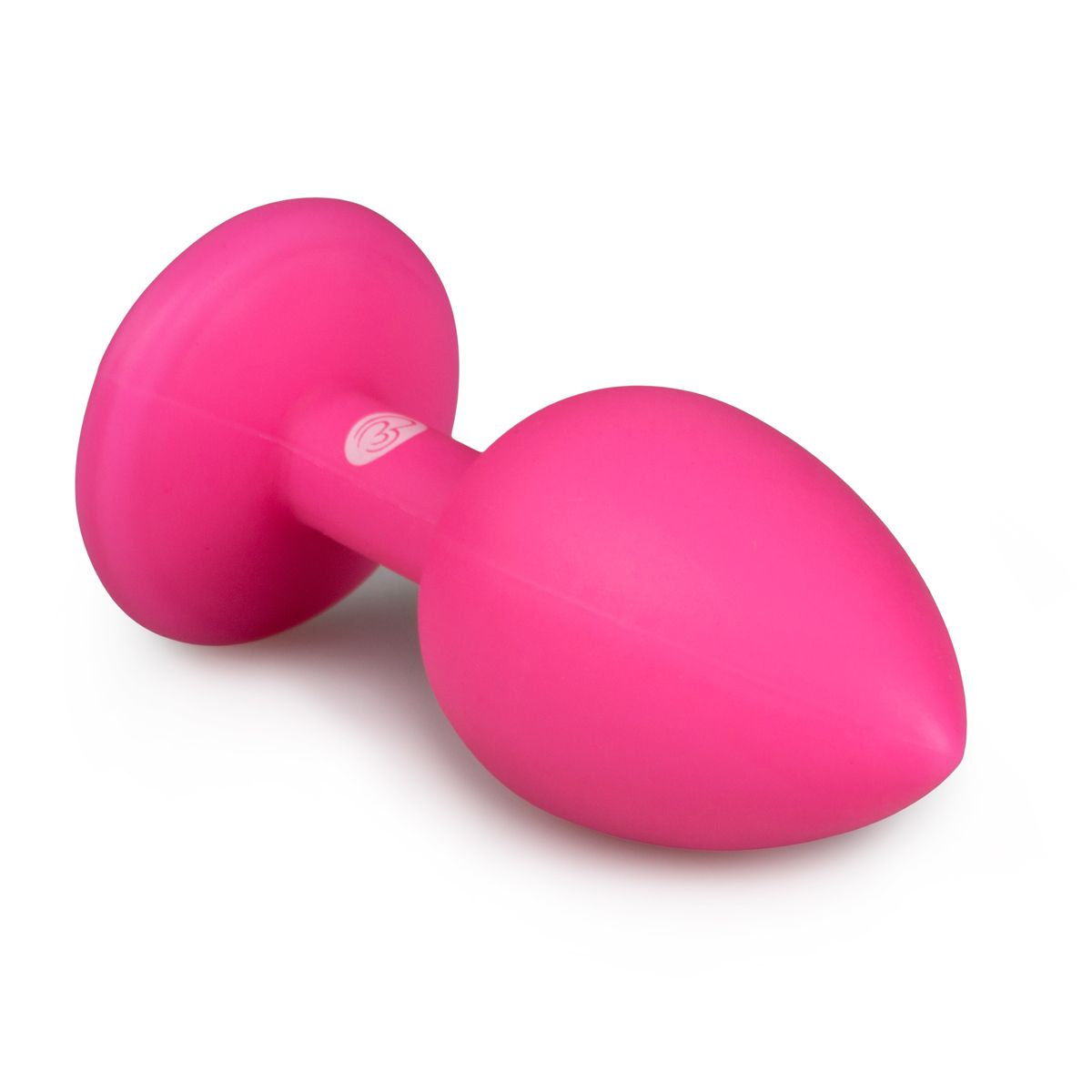 Ein rosa Analplug aus Silikon auf weißem Hintergrund. Er hat eine runde Basis, einen schmalen Hals und einen tropfenförmigen Kopf.