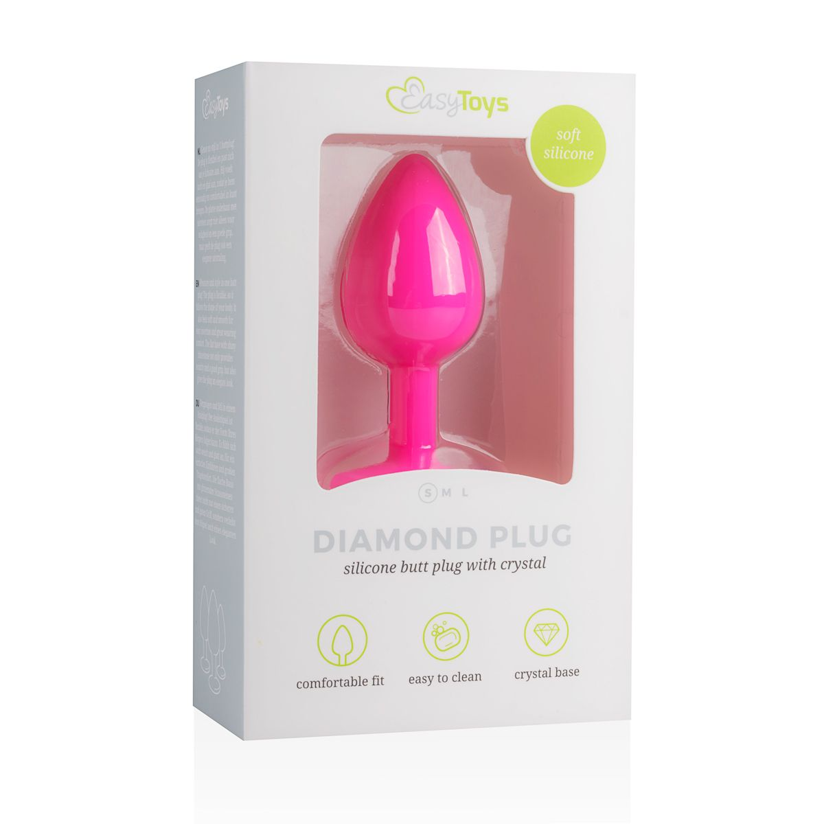 Ein pinkfarbener Silikon-Butt-Plug in einer weißen Schachtel mit der Aufschrift 'EasyToys'. Er hat eine Diamantenform und trägt die Aufschrift 'DIAMOND PLUG'.