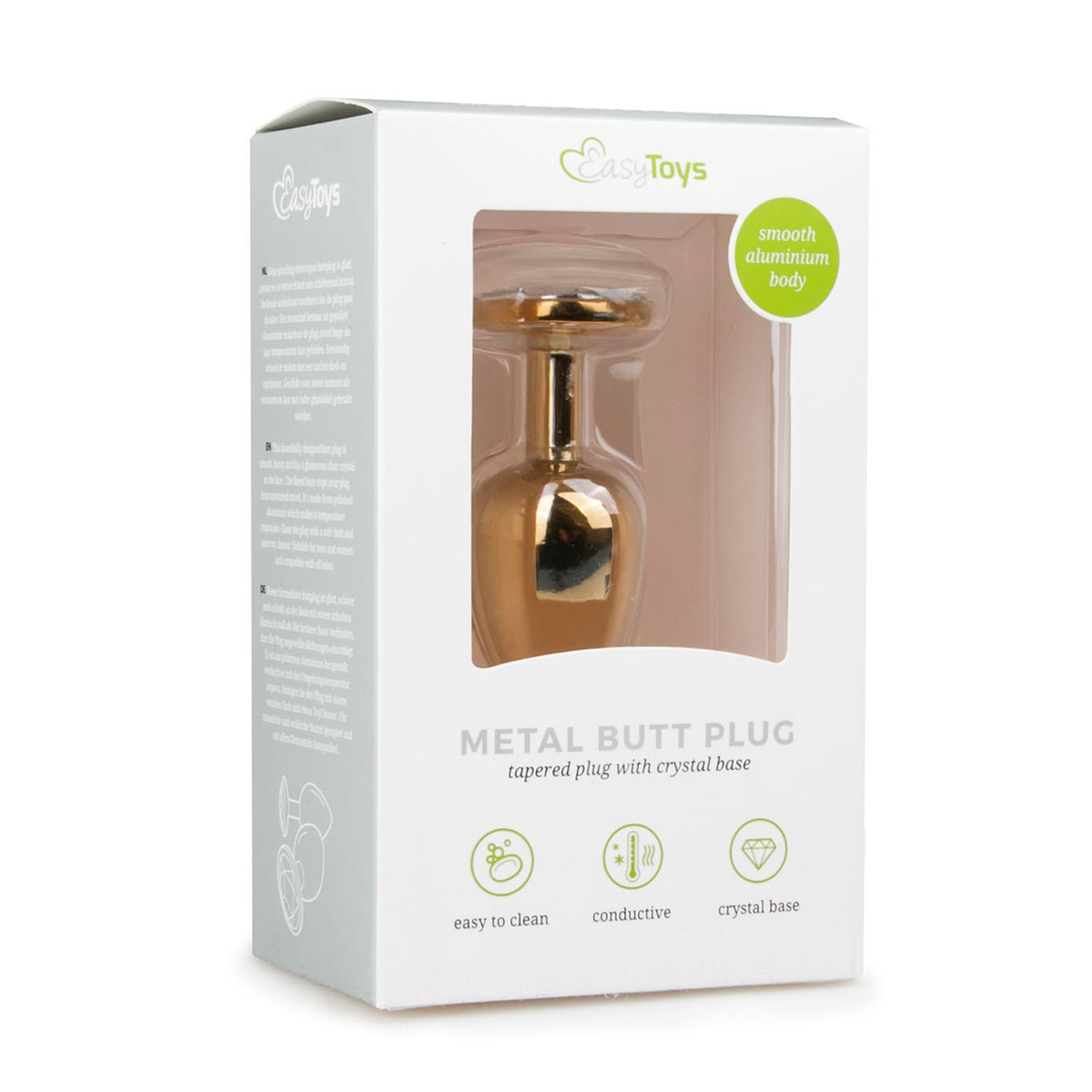 Verpackung eines glänzenden, goldfarbenen Metall-Butt-Plug mit Kristallbasis.