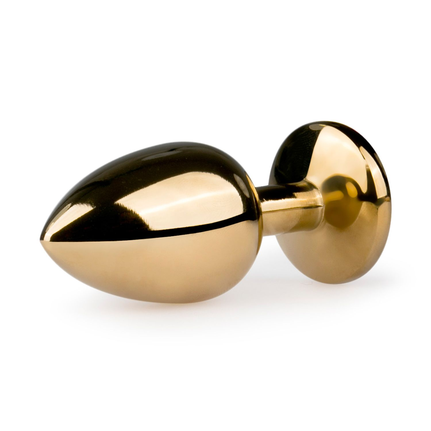 Ein glänzender, goldener Buttplug auf weißem Hintergrund.