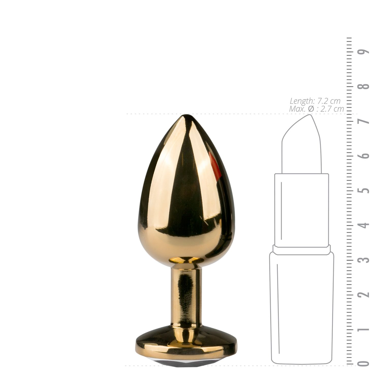 Ein glänzender goldener Butt Plug neben einer Maßskala und einer Lippenstift-Umrisszeichnung.