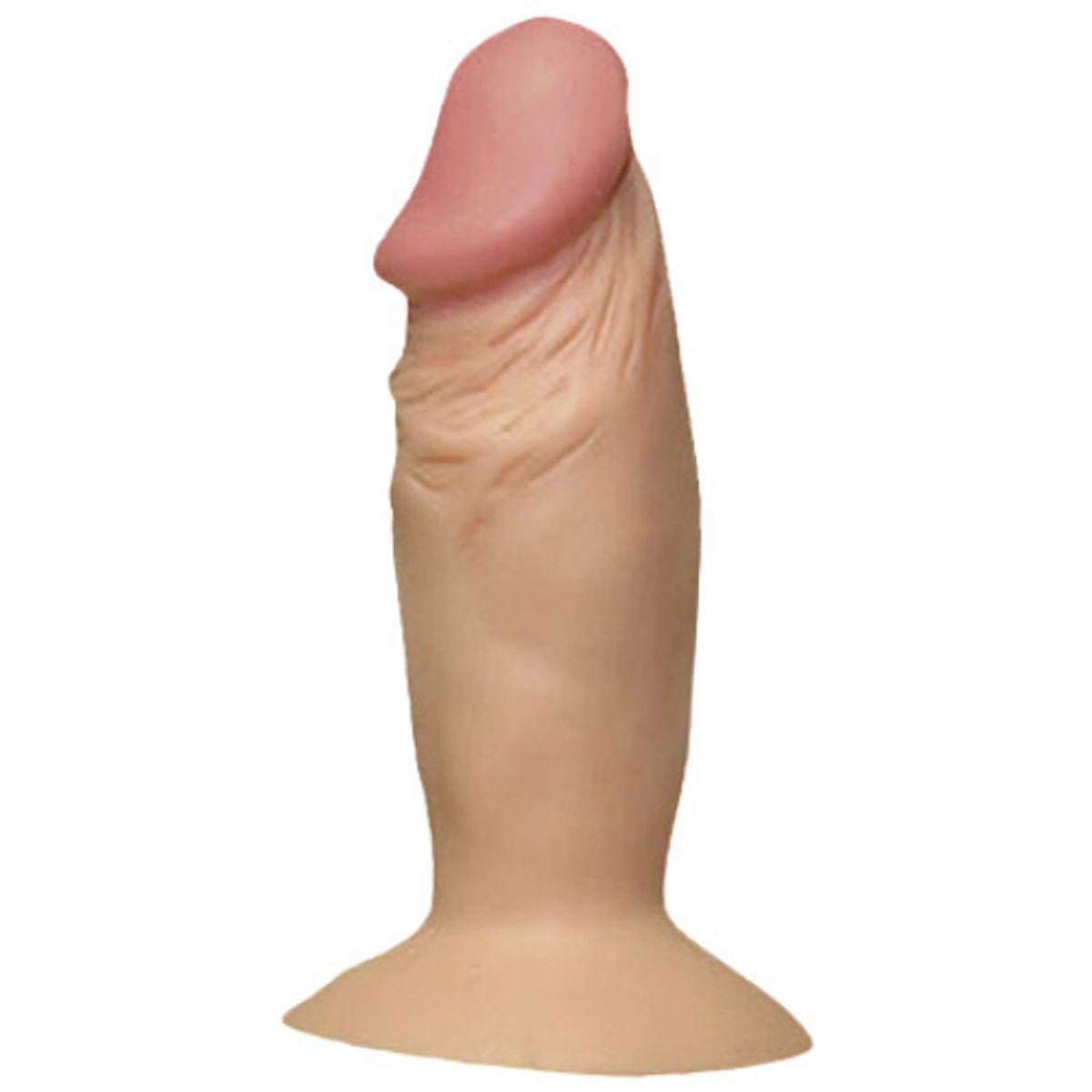 Ein fleischfarbenes Sexspielzeug, ein Dildo, steht aufrecht vor einem weißen Hintergrund. Der Kopf ist rosa. Die Basis ist breiter als der Schaft.