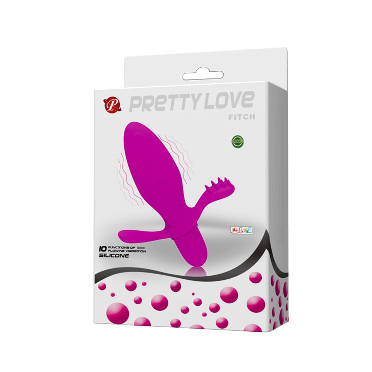 Ein pinkfarbenes Sexspielzeug befindet sich auf einer Schachtel. Die Schachtel hat einen weißen Hintergrund mit rosa Kugeln. Es ist mit 'PRETTY LOVE FITCH' beschriftet.