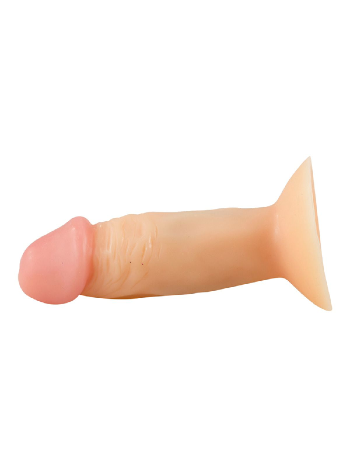 Ein beigefarbenes Sexspielzeug mit rosa Spitze, geriffeltem Schaft und ausgestelltem Sockel, vor weißem Hintergrund.