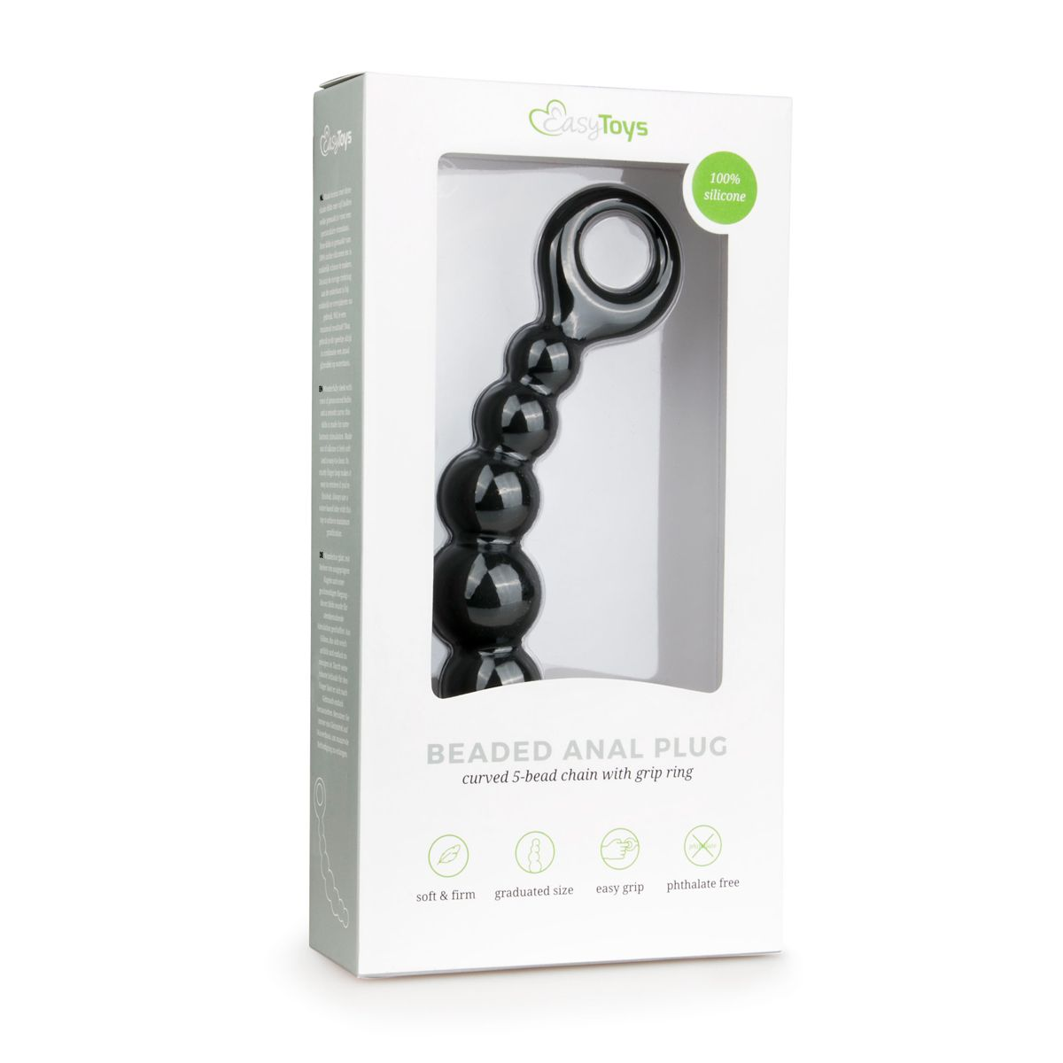 Ein schwarzer, perlenbesetzter Analplug mit Griffring wird in einer weißen Schachtel mit dem EasyToys-Logo gezeigt.