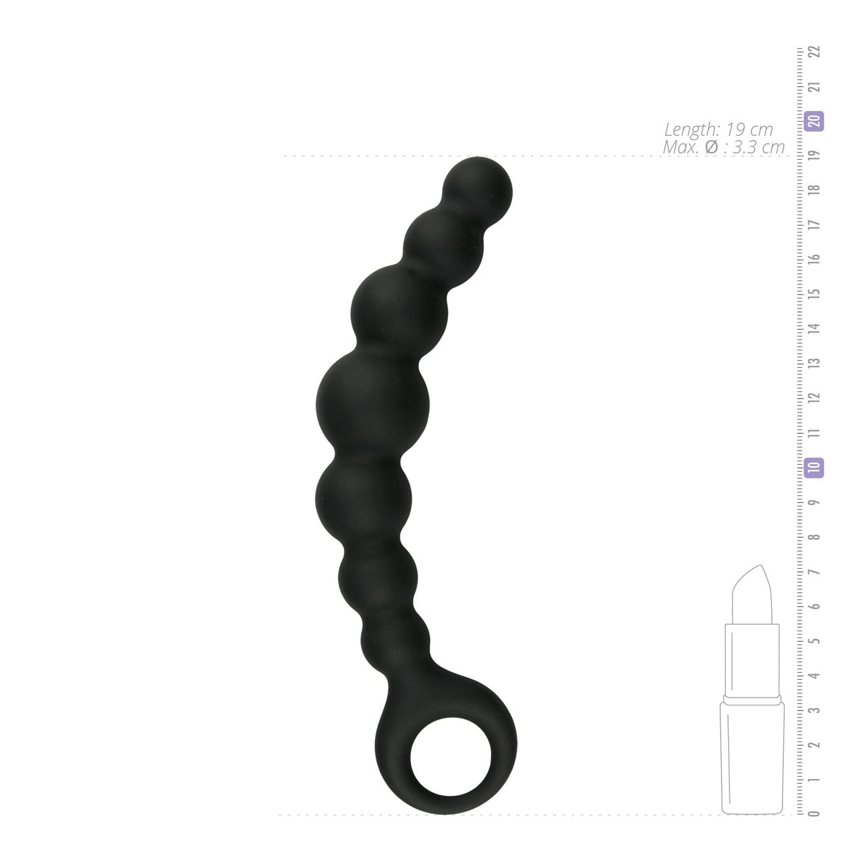 Schwarzes, perlenbesetztes Sexspielzeug mit Ring am Ende, neben Lineal und Lippenstift-Illustration.