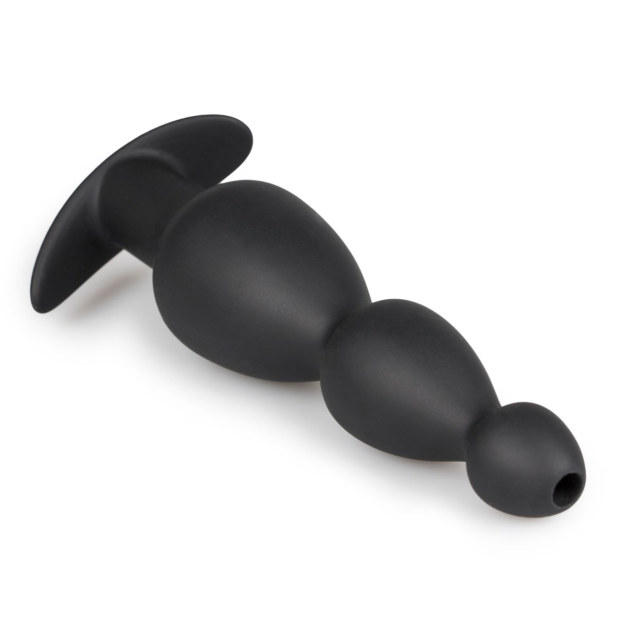 Ein schwarzer, glatter Anus-Plug liegt auf einer weißen Oberfläche. Er hat einen ausgestellten Boden und eine konische Form.