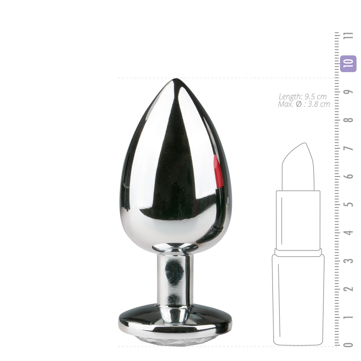 Ein silberner Analplug mit abgerundeter Oberseite und Sockel. Eine Lippenstiftillustration und ein Lineal zum Größenvergleich.