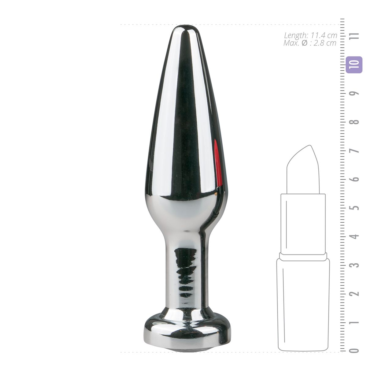 Ein silberfarbener Analkegel mit konischer Form wird dargestellt. Daneben befindet sich eine Zeichnung eines Lippenstifts und ein Lineal zur Größenangabe.