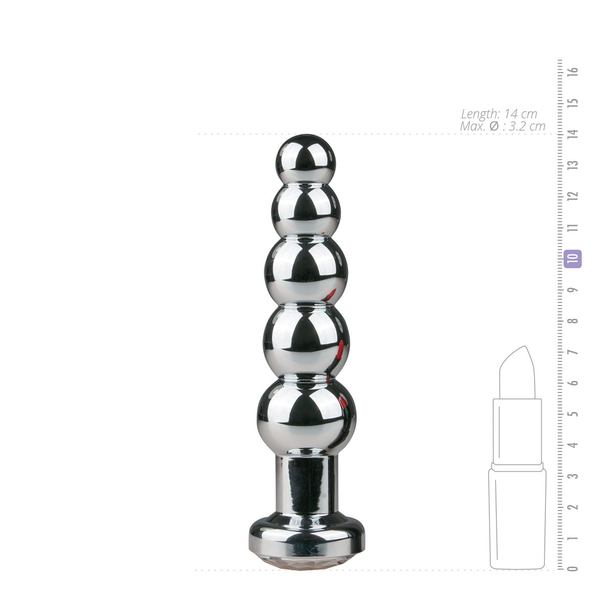 Ein silbernes, perlenbesetztes Sexspielzeug steht senkrecht. Daneben ein Lineal mit Lippenstiftumriss. Länge: 14 cm, Max Ø: 3,2 cm.