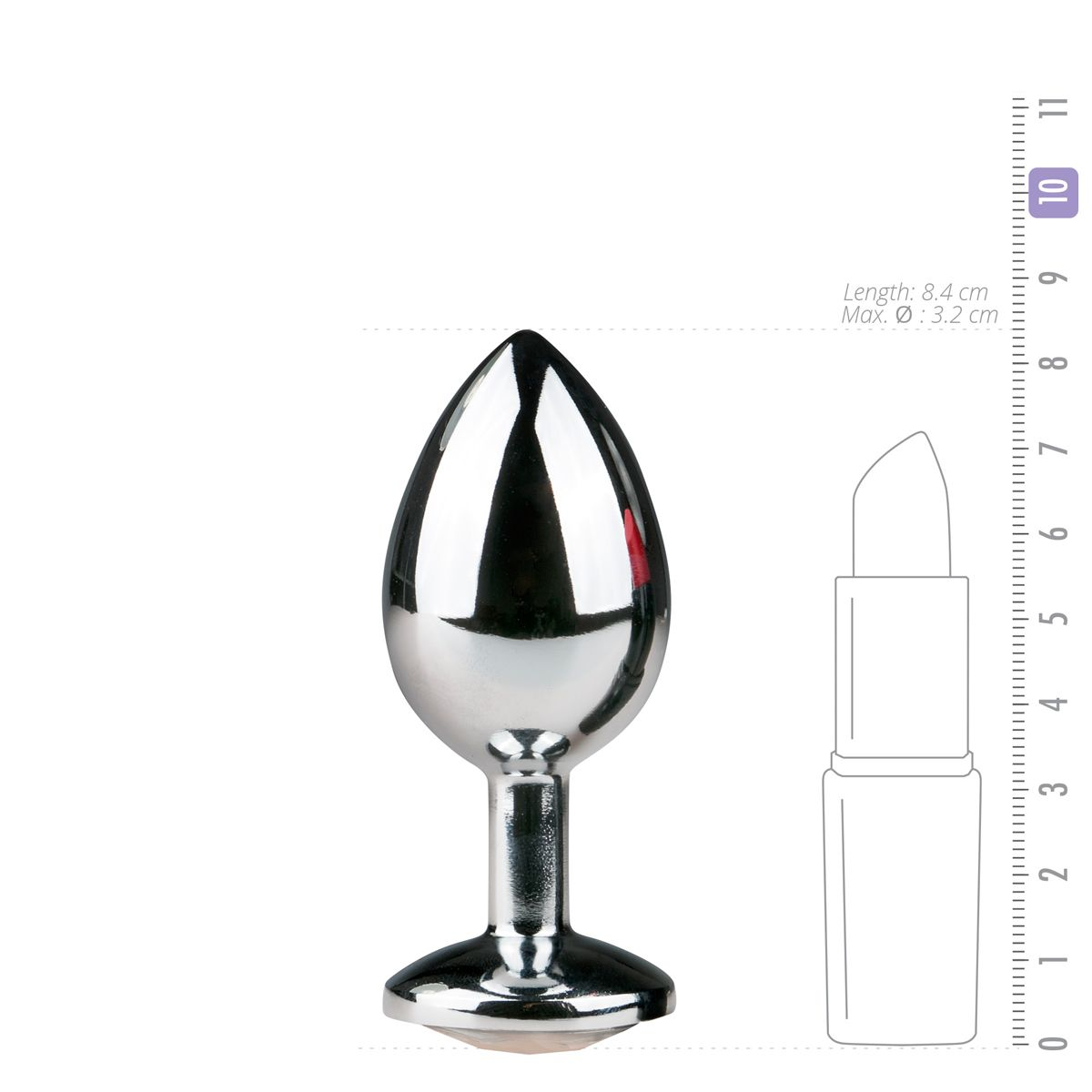 Ein glänzender, silberner Anus-Plug vor weißem Hintergrund. Ein Lineal und ein Lippenstift-Umriss sind in der Nähe.