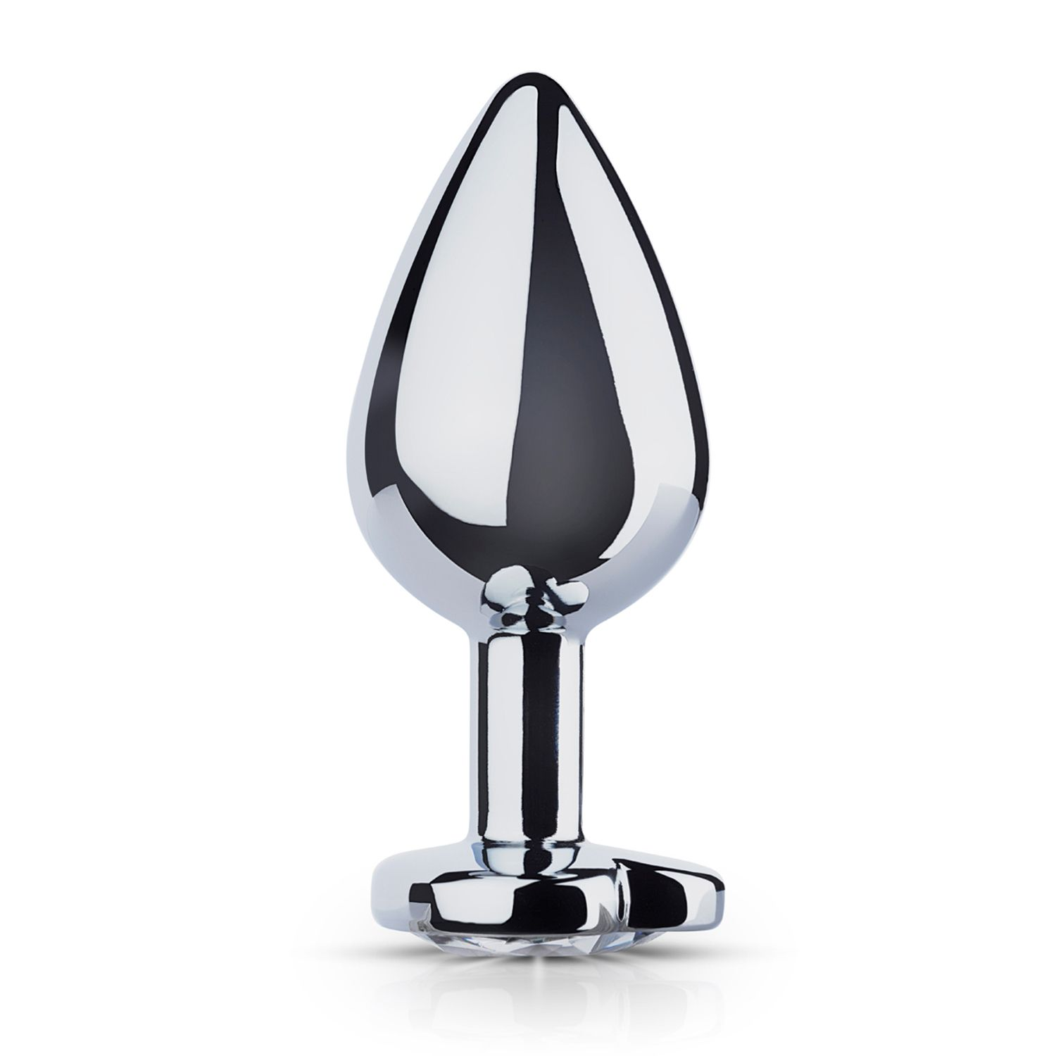 Un tapón anal brillante, similar al cromo. Tiene forma de lágrima ahusada con un vástago y una base ensanchada y redondeada. Luz reflejada.