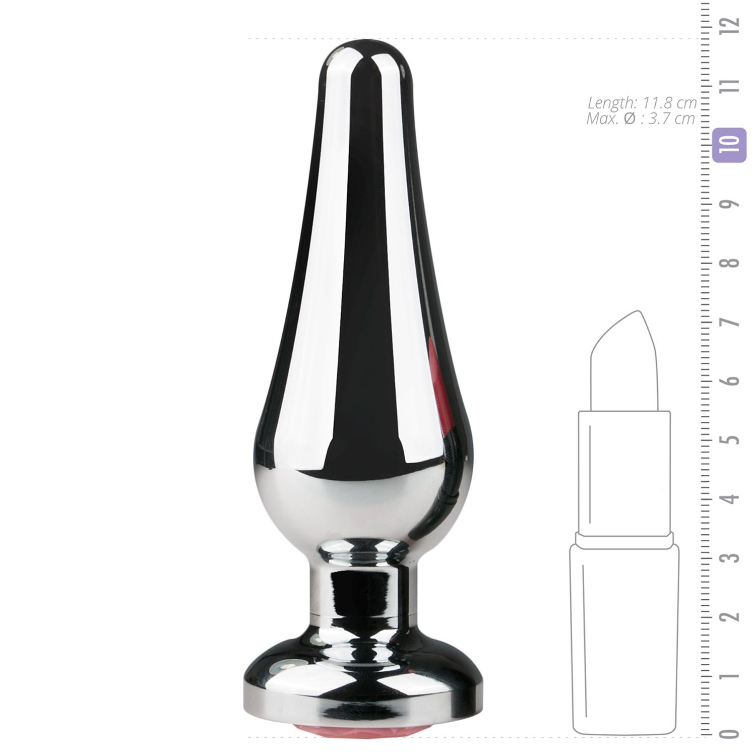 Ein glänzender silberner Analknopf steht aufrecht. Auf der rechten Seite befinden sich ein Lippenstiftumriss und ein Lineal. Maße: 11,8 cm lang, 3,7 cm max.