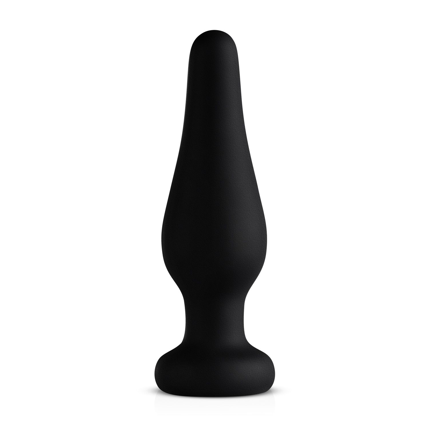 Ein schwarzer Anus-Plug mit glatter Oberfläche steht mittig auf weißem Grund. Er hat einen abgerundeten Sockel, einen konischen Körper und eine runde Spitze.
