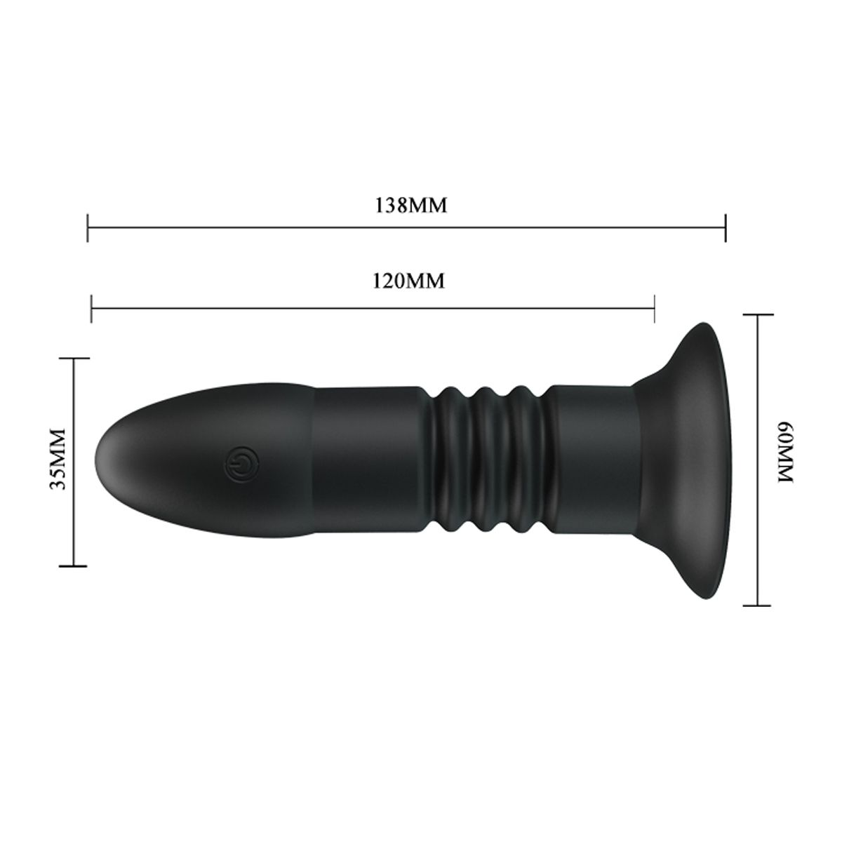 Ein schwarzes Sexspielzeug mit Maßangaben. Es hat eine abgerundete Spitze, einen geriffelten Schaft und eine ausgestellte Basis. Maße: 120 mm lang und 60 mm breit.