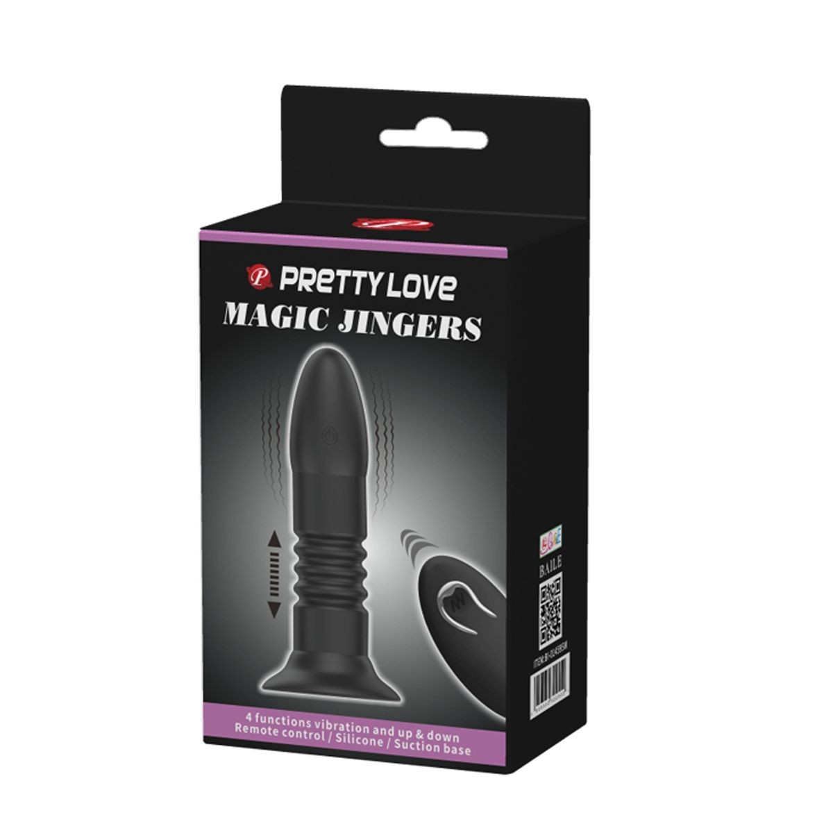 Schwarzer Karton mit Pretty Love Magic Jingers Text. Es zeigt ein schwarzes Sexspielzeug mit Text über Funktionen und Fernbedienung.
