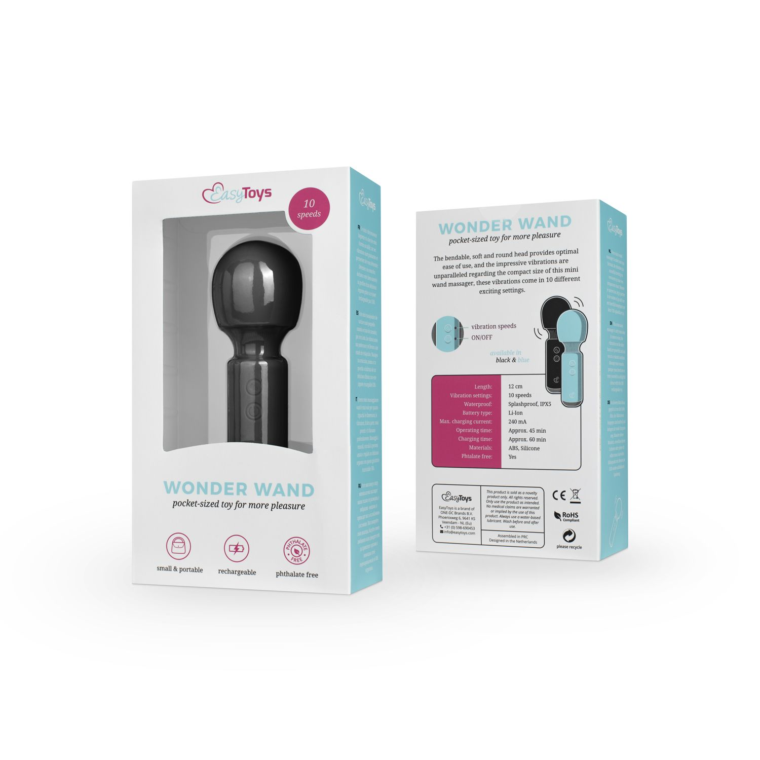 Verpacktes schwarzes Sexspielzeug. Text: Wonder Wand, 10 Geschwindigkeiten, wiederaufladbar, klein und tragbar. Produktinfo.