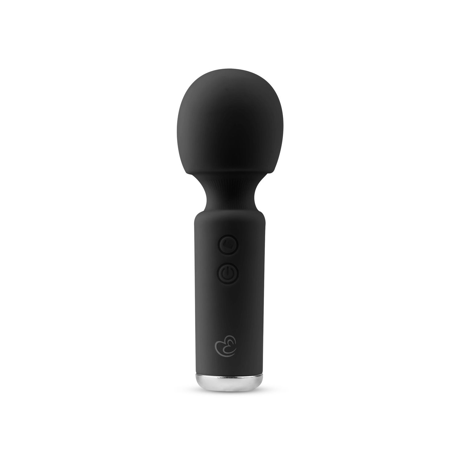 Ein schwarzer Vibrator mit rundem Kopf und zylindrischem Griff. Er hat zwei Knöpfe und ein Logo, vor weißem Hintergrund.
