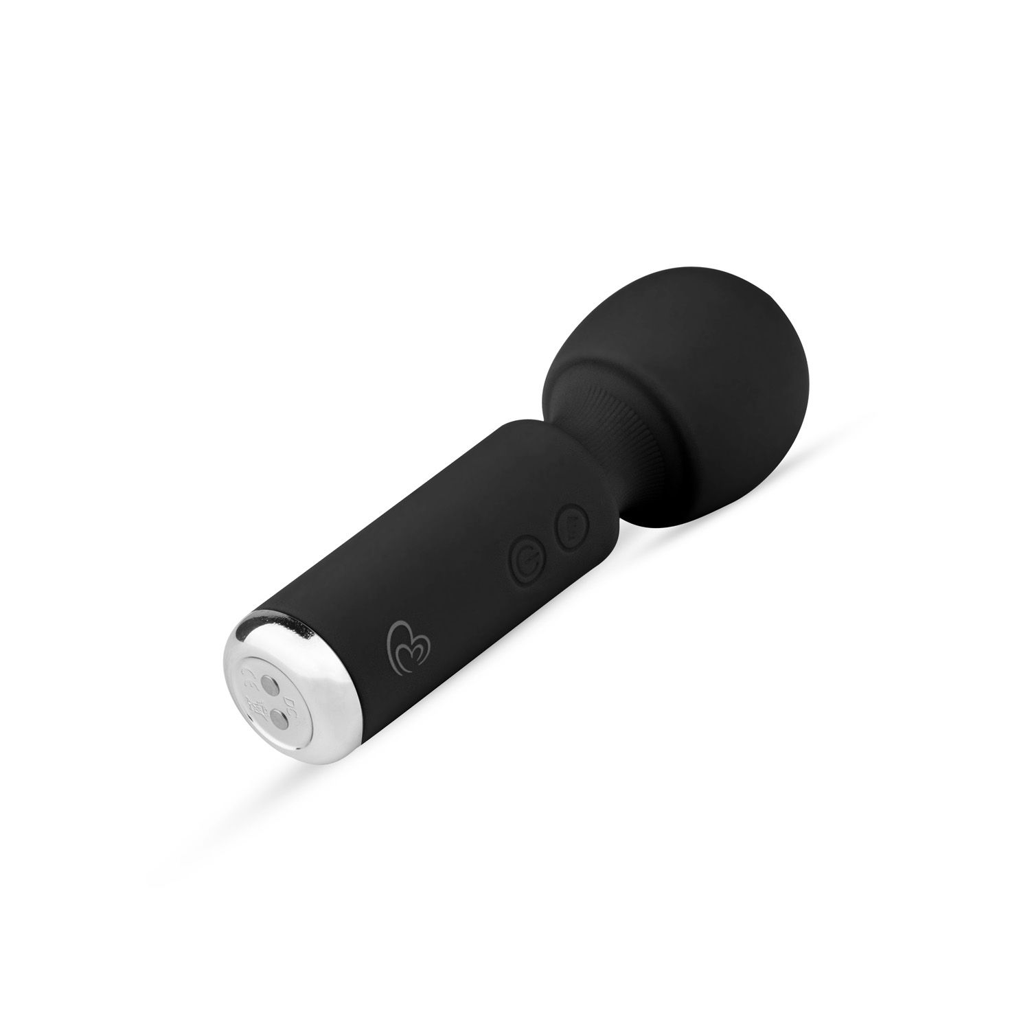 Ein schwarzer Vibrator auf weißem Untergrund. Er hat einen runden Kopf, einen zylindrischen Körper mit Knöpfen und eine silberne Basis.