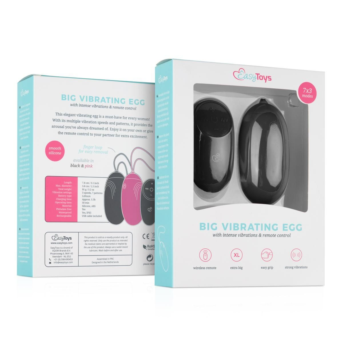 Produktverpackung eines Vibrations-Eis. Es hat eine schwarze Ei-Form und eine Fernbedienung.