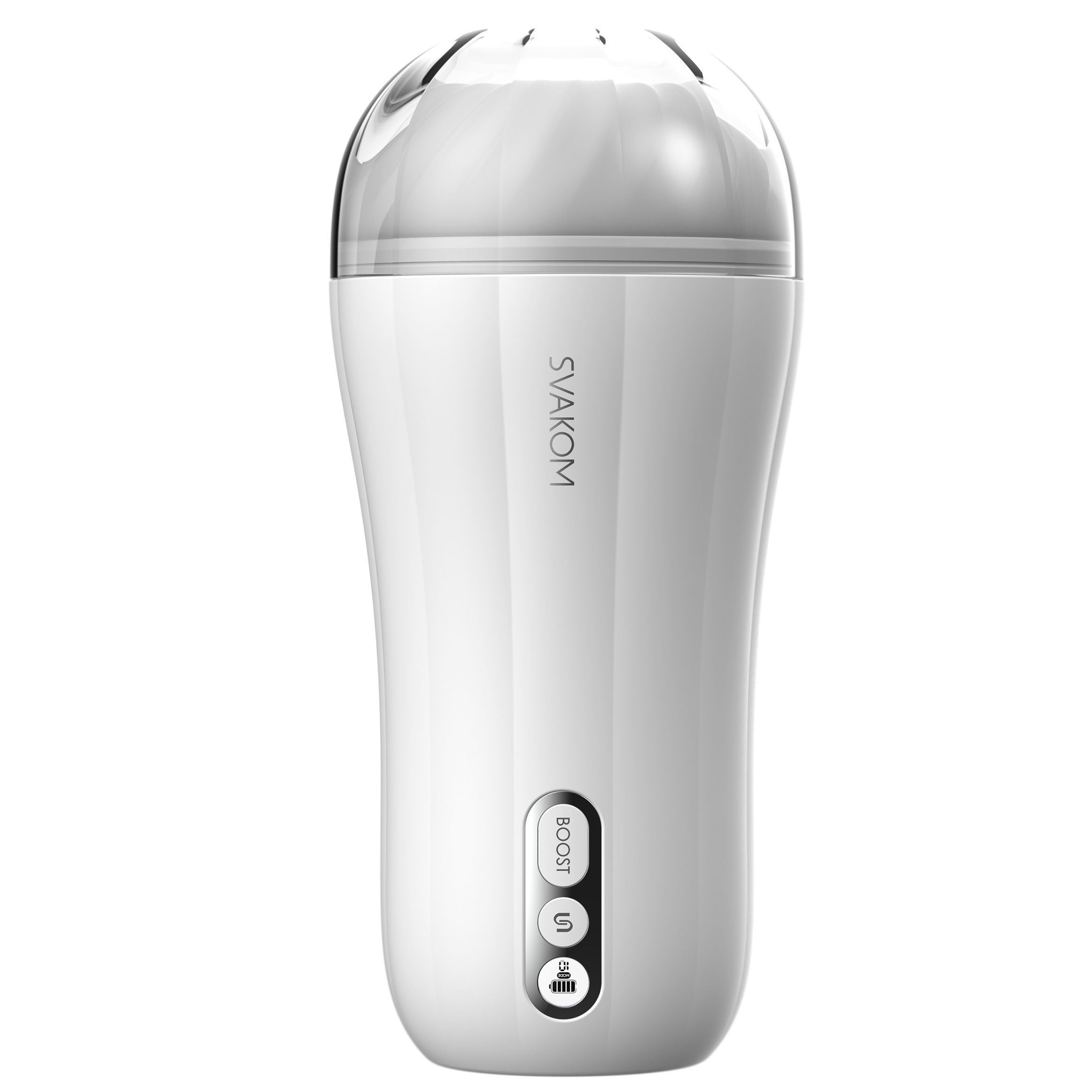 Biała zabawka erotyczna z napisem Svakom. Posiada przyciski boost, włącz/wyłącz i ładowania.