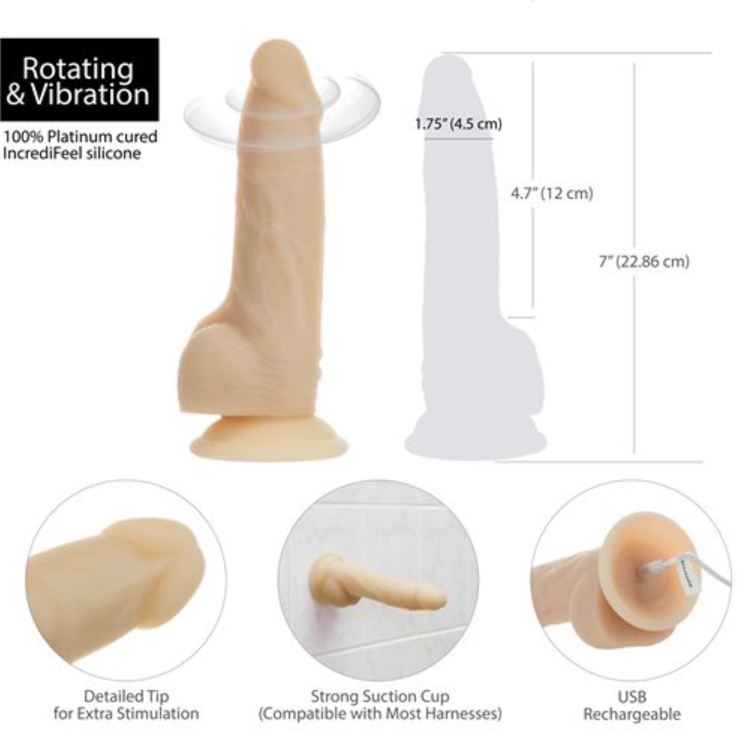 Ein fleischfarbener Dildo mit Rotations- und Vibrationsfunktionen befindet sich auf weißem Hintergrund mit Abmessungen.