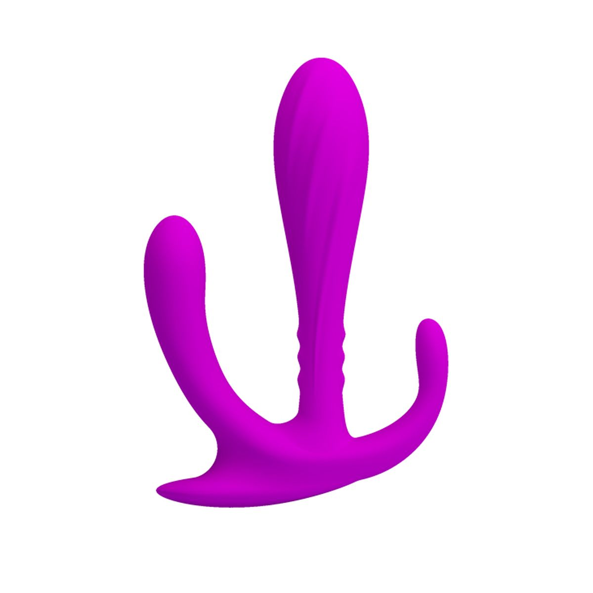Un dildo morado con dos brazos curvados y un eje central, diseñado para el placer sexual.