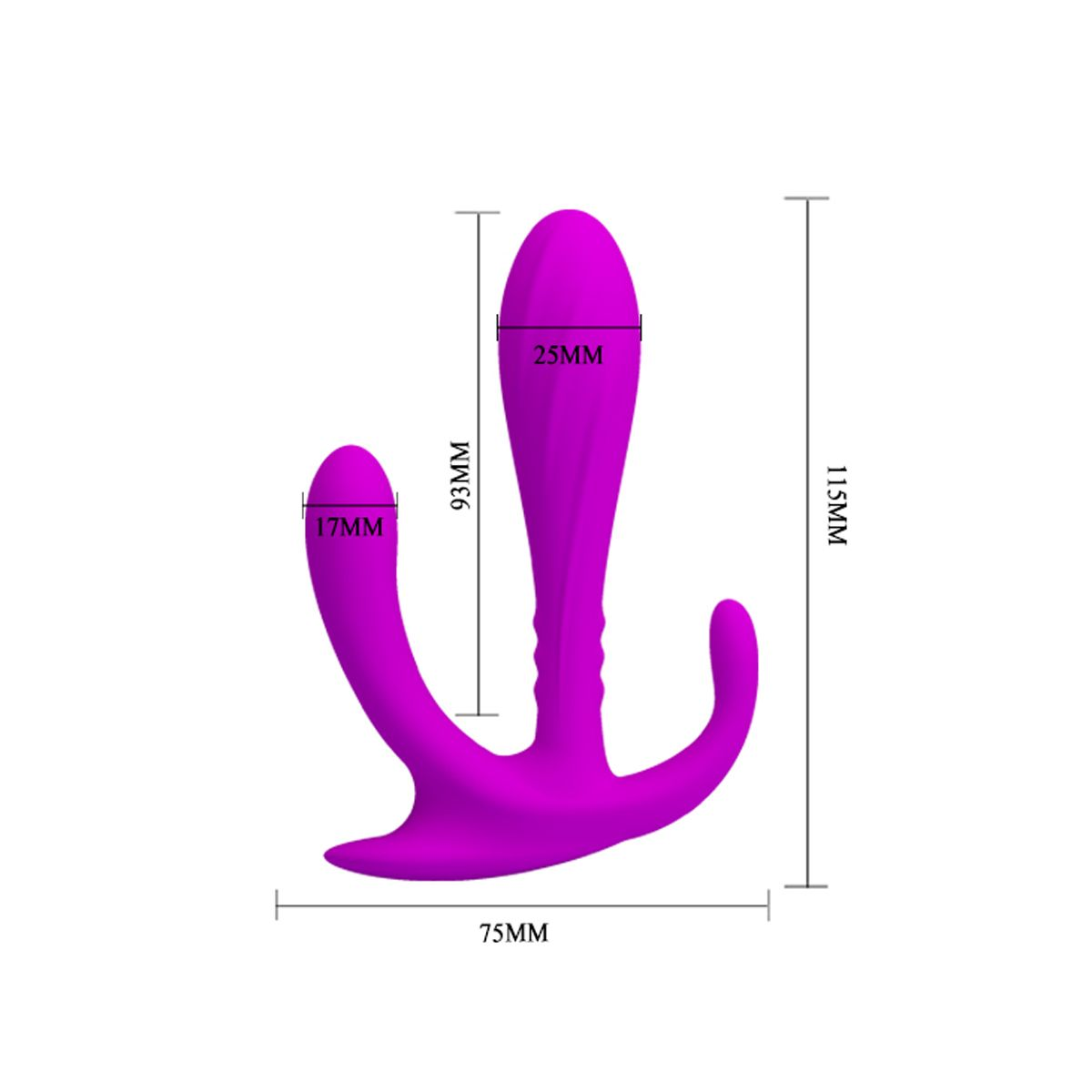 Un vibrador morado con tres púas, con medidas etiquetadas, sobre fondo blanco.