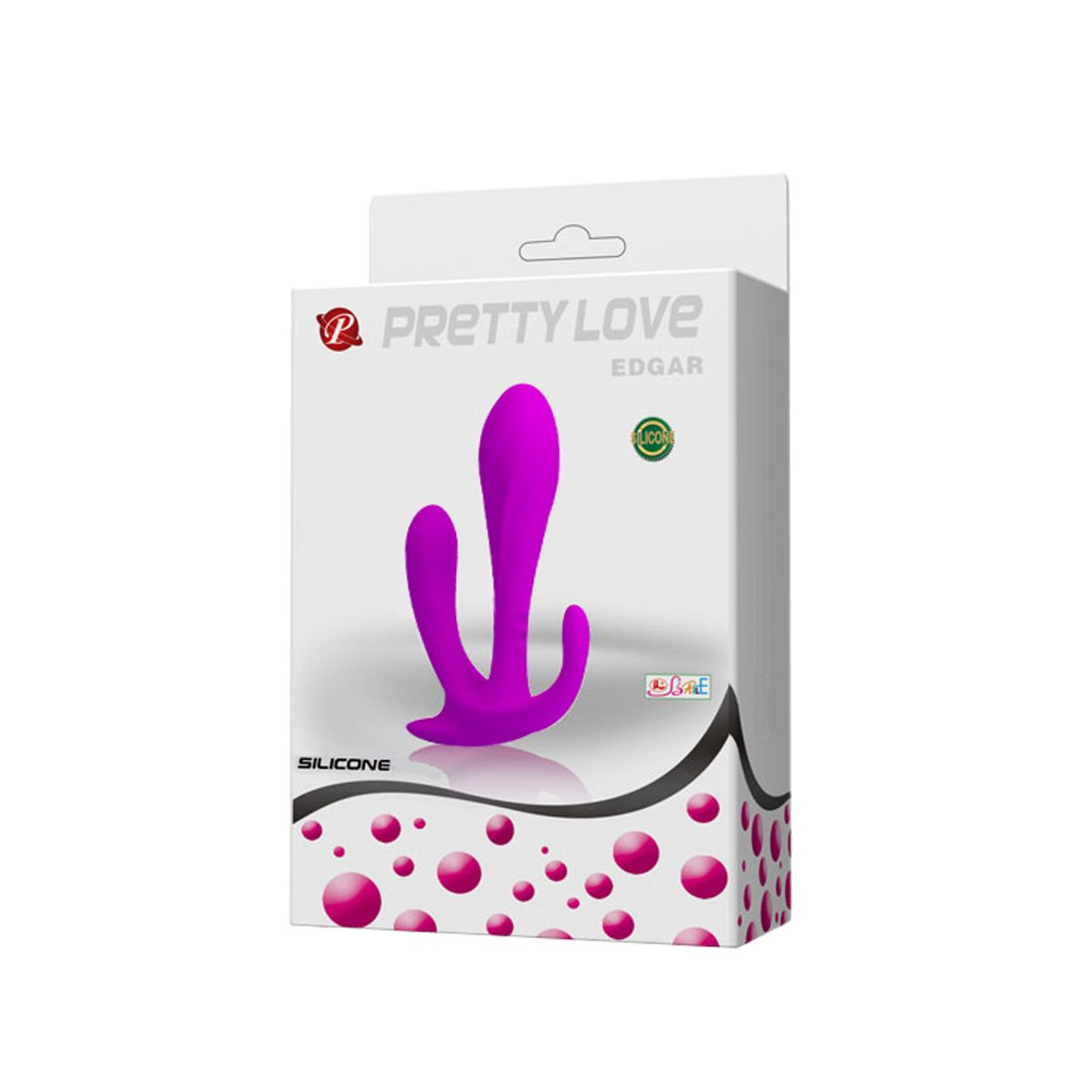 Caja de un juguete sexual. El juguete es rosa. La caja es blanca con círculos rosas. Fondo blanco.