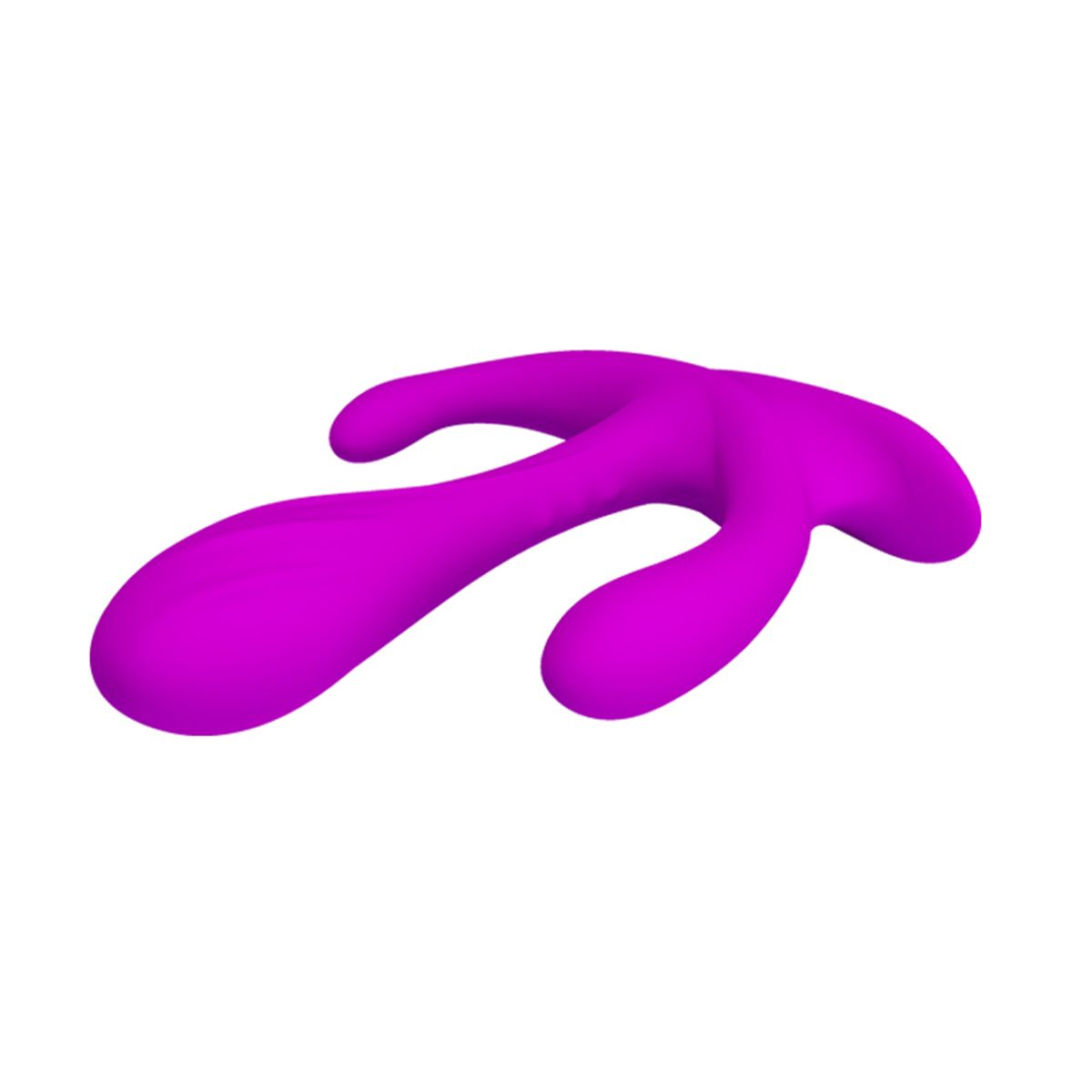 Un juguete sexual morado, forma de tres puntas, sobre fondo blanco.