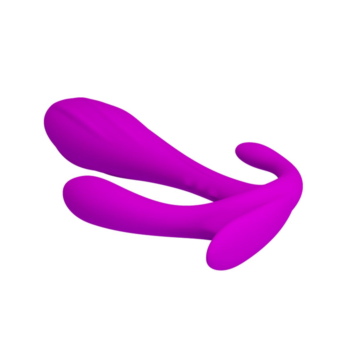 Un juguete sexual morado, con forma de dildo curvo de doble extremo, sobre fondo blanco.