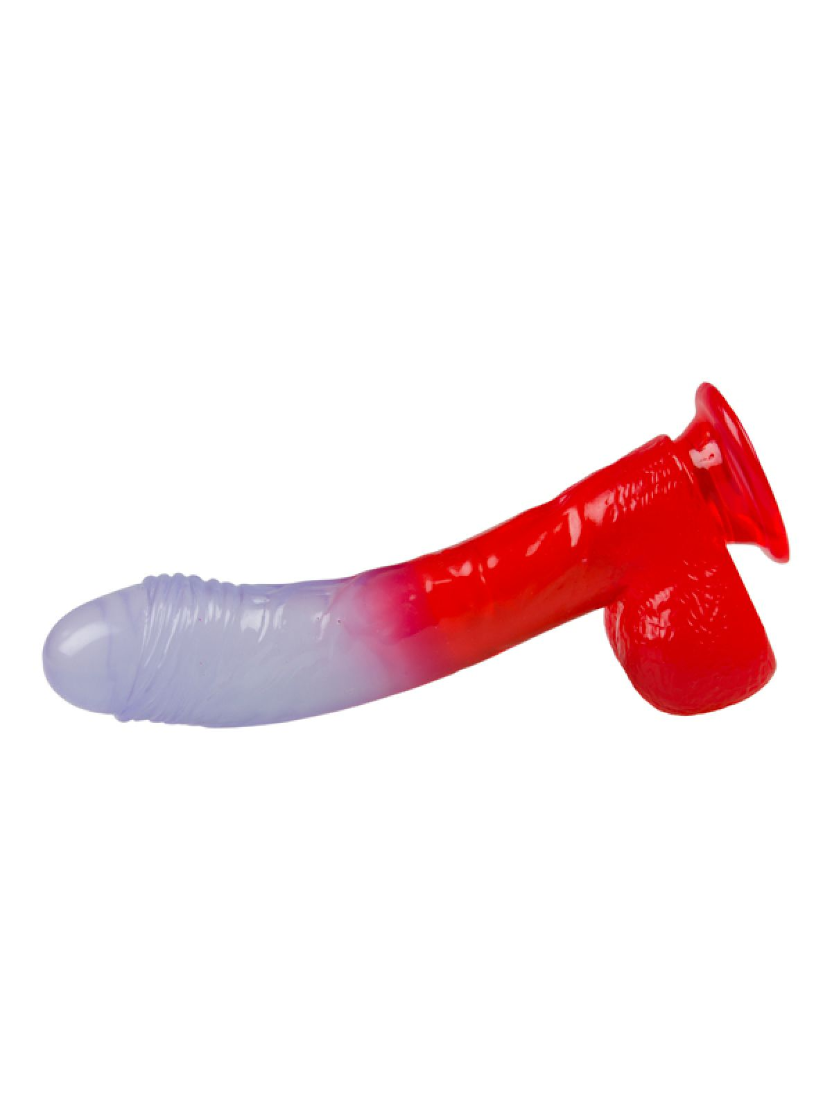 Roter und lila Dildo, gebogene Form, weißer Hintergrund.