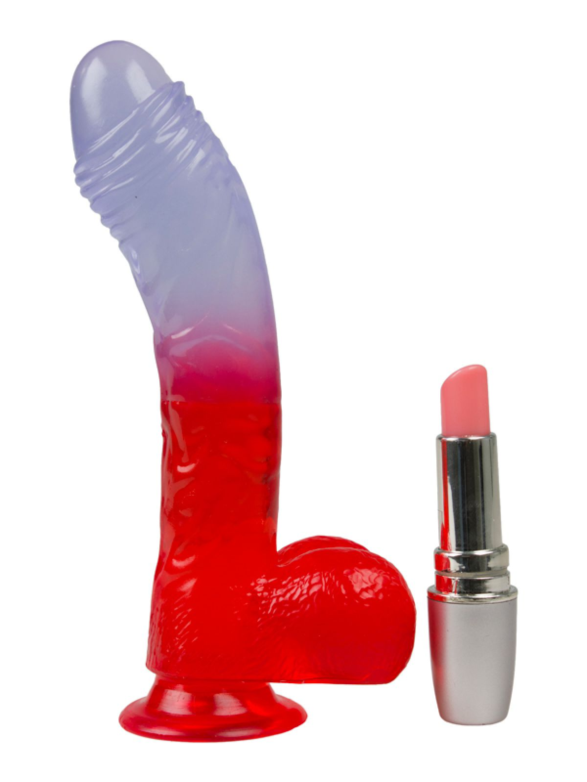 Sexspielzeug mit rot-lila Farbverlauf und einem Lippenstift.
